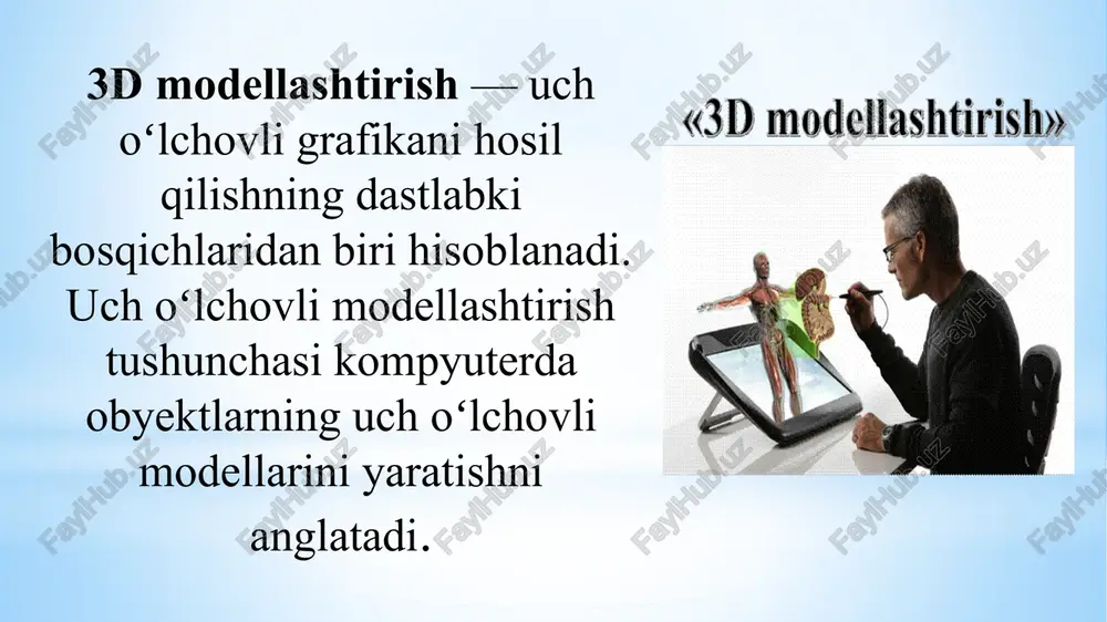 i yaratish tezroq va osonroq bajariladi. 3d-modellashtiruvchi eng keng tarqalgan dasturiy taʼminotlarga autodesk kompaniyasining "3ds max" hamda "maya" dasturlarini misol qilish mumkin. bu dasturiy taʼminotlarning imkoniyatlari juda keng boʻlib, ular orqali istalgan 3d-modellarni ishlab chiqish mumkin. 3d-modellashtirish amalga oshirilgandan soʻng uni dastur bilan bogʻlab, dasturlarni ishlab chiqish uchun dasturiy tillarni qoʻllash kerak boʻladi. tarixiy tadqiqotlarda jarayonlarni modellashtirish usulidan foydalanish masalasi bahsli hisoblanib, tarixchilarning asosiy qismi o’tmish bilan bog’liq faktlarni aniqlash va o’rganishni asosiy maqsad qilib qo’yadilar. tarixiy manbalar spersifikasi inson faoliyatining alohida tomonlari bilan bog’liq faktlarni aniqlashga imkon beradi, shuning uchun bunday bir tomonlama ma’lumotlar bazasida o’tmish voqealarini tasvirlash mumkin emas. image1.png image2.png image3.jpeg image4.png image5.jpeg image6.jpeg image7.jpeg image8.jpeg image9.png tarixiy jarayonlarni modellashtirish tajribasi tarixiy jarayonlarni modellashtirish tajribasi /docprops/thumbnail.jpeg