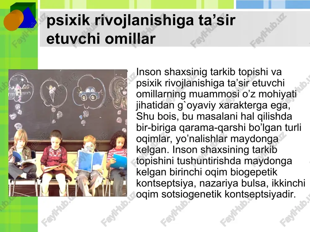 nchi xarakterda bo’ladi. u yoki bu psixik xususiyatlar va sifatlarning rivojlanishi uchun eng qulay sharoitlar bo’lgan ana shunday yosh davrlari senzitiv davrlar deb ataladi. (l.s.vigotskiy, a.n.leont’ev). bunday senzitivaik davrining mavjudligiga miyaning organikjihatdan etilgan qonuniyati ham, ayrim psixik jarayonlar va xususiyatlar ham, hayotiy tajriba ham sabab bo’ladi. psixik rivojlanishning biologik asoslari psixik rivojlanishning biologik asoslari tug`ma tabiiy kurtaklar masalaga yakun yasar ekanmiz maktab raxbarlari va o`qituvchilarning dikkatini asosiy xulosaga karatish lozim garchi tabiiy kurtaklar maktab o`quvchisining psixik rivojlanishi ma'lum axamiyatga ega bulsa (shu sababli, masalan ta'lim jarayonida ayrim o`quvchilarda boshka o`quvchilarda nisbatanko`prok zo`r berish talab qilinadi,ayrimo`quvchiga o`qituvchi boshka o`quvchiga nisbatan ko`prok kuch sarflaydi etibor beradi va ko`prok vaqt ajratadi. mavzuning dolzarbligi ma’lumki, psixologiyada qiziqishning ikki turi o’quvchilarning ta’lim jarayonida aniqlanadi. birinchisi, bevosita qiziqish, ikkinchisi bilvosita qiziqish. har bir o’qituvchi o’z o’quvchilarida o’z faniga nisbatan bilvosita qiziqishni tarkib toptirishga harakat qiladi. qiziqishlar orqali o’quvchilarda ta’limga aktiv munosabat namoyon bo’ladi. qiziqishlar o’quvchilar hayotida …