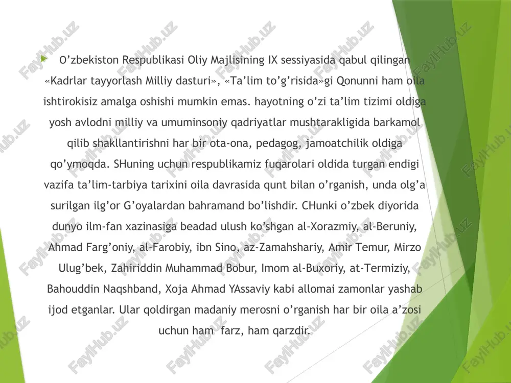 , unib-o’stiribm, yig’ib –terib, bir yil rohatni ko’radi. agarda, u 10 yil shunday yashashni xohlasa mevali daraxt ekib bog’ yaratadi va rohatini ko’radi. inson bir umr rohat-farog’atdam baxtli-saodatli umr kechirishni xohlasa oqil va dono, solih va soliha, tarbiyali komil farzandlarini voyaga yetkazadi. chunki, hamma havas qiladigan tarbiyali farzandlar nafaqat ota-ona balki, oila, jamiyat va yurt ravnaqining bosh negizidir. image1.jpeg image2.jpeg image3.jpeg image4.png image5.jpeg image6.jpeg pee a.) /docprops/thumbnail.jpeg oila tarbiyasi, 1. yosh avlodni tarbiyalashning maqsad va vazifalari. 2. bolalarni tarbiyalashda oilaning o’rni. 3. komil insonni tarbiyalash sohasidagi dolzarb masalalar. 4. xulosa