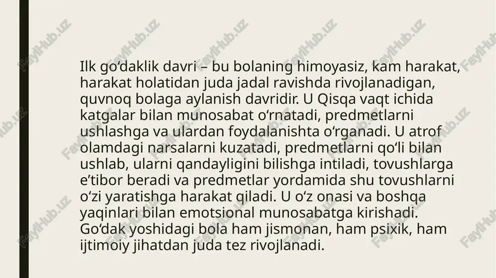 bir xilligi va bir tomonlamaligidan charchab koladi.mana shu suzlardan bogcha yoshidagi bola tabiatning asosiy qonuni bulmish serxarakatligini ortik cheklab tashlamay,balki maksadga muvofik ravishda uyushtirish kerakligi yakkol kurinib turibdi. kattalar va tengdoshlari bilan bulgan munosabat orkali bola axlok normalari, kishilarni anglash, shuningdek, ijobiy va salbiy munosabatlar bilan tanisha boshlaydi. bogcha yoshidagi bola endi uz gavdasini juda yaxshi boshkara boshlaydi. uning xarakati muvofiklashtirilgan xolda buladi. bu davrda bolani nutqi. jadal rvojlana boshlaydi. ilk bolalik davrida shaxsning rivojlanishi. bu davrdagi bolalar asosan o‘z hatti-harakatlarini o‘ylab o‘tirmaydilar chunki hatti-harakatlar ularning hissiyotlari asosida bo‘ladi. bu yoshdagi bolalarning hatti- harakatlari juda o‘zgaruvchan bo‘ladi. masalan, bolaning yig‘lashi hamda yig‘idan to‘xtashi juda tez o‘zgaradi. ilk davrda bolada o‘z yaqinlariga: onasi, otasi, bo‘vi-buvalari, tarbiyachisiga nisbatan muhabbat shakllanadi. ilk bolalik davrida bu muhabbat boshqa shaklga o‘tadi. endi bola o‘z yaqinlaridan maqtov olishga harakat qiladi. ota-onalar tomonidan bolaning xatti-harakatlari va shaxsiy xususiyatlariga beradigan ijobiy emotsional baholari ularda o‘zlarining layoqa! va imkoniyatlariga …