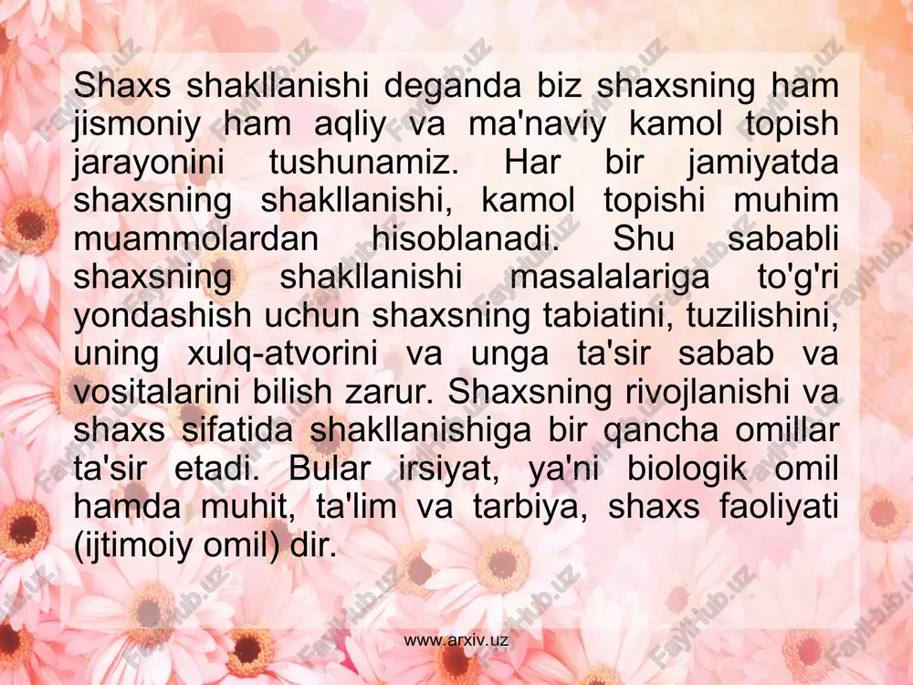 itiv faoliyat – (“imaje” – “obraz”) – ijodiy jarayonlarda xayol va fantaziya vositasida ongda berilmagan narsalarning xususiyatlarini anglash va xayolda tiklashni taqozo etadi. www.arxiv.uz www.arxiv.uz o'qitish jarayonida tashqi faoliyat asosida psixik jarayonlarga o'tish yuz bergan bo'lsa, bunday jarayon psixologiyada interiorizatsiya deb nomlanadi, aksincha, aqlda shakllangan g'oyalarni bevosita tashqi harakatlarda yoki tashqi faoliyatga ko'chirilishi ektseriorizatsiya deb yuritiladi. faoliyat turlari ongning bevosita ishtiroki darajasiga ko'ra ham farqlanadi. ayrim haraktalar boshida har bir eelementni jiddiy ravishda, alohida-alohida bajarilishni va bunga butun diqqat-e'tiborni ongning yo'nalishini talab etadi. lekin vaqt o'tgach, ongning ishtiroki kamayib, ko'pgina qismlar avtomatlashib boradi. ulug' olim mutafakkir abu nasr farobiy shaxs kamolotida faoliyatning muhim o'rnini alohida qayd etib, uning turlarini bir necha bo'g'inlarga bo'ladi va amalga oshirish usullari, vaqt va fazoviy ta'rifi, fiziologik mexanizmlari to'g'risidagi g'oyani ilgari suradi. www.arxiv.uz www.arxiv.uz shaxsning shakllanishida unga berilayotgan ta'lim-tarbiyaning mazmuni, metodlari va vositalari bolaning yosh xususiyatlariga muvofq kelishi muhim sanaladi. o'qituvchi o'quvchilarning ruhiy xususiyatlarini bilishi, …