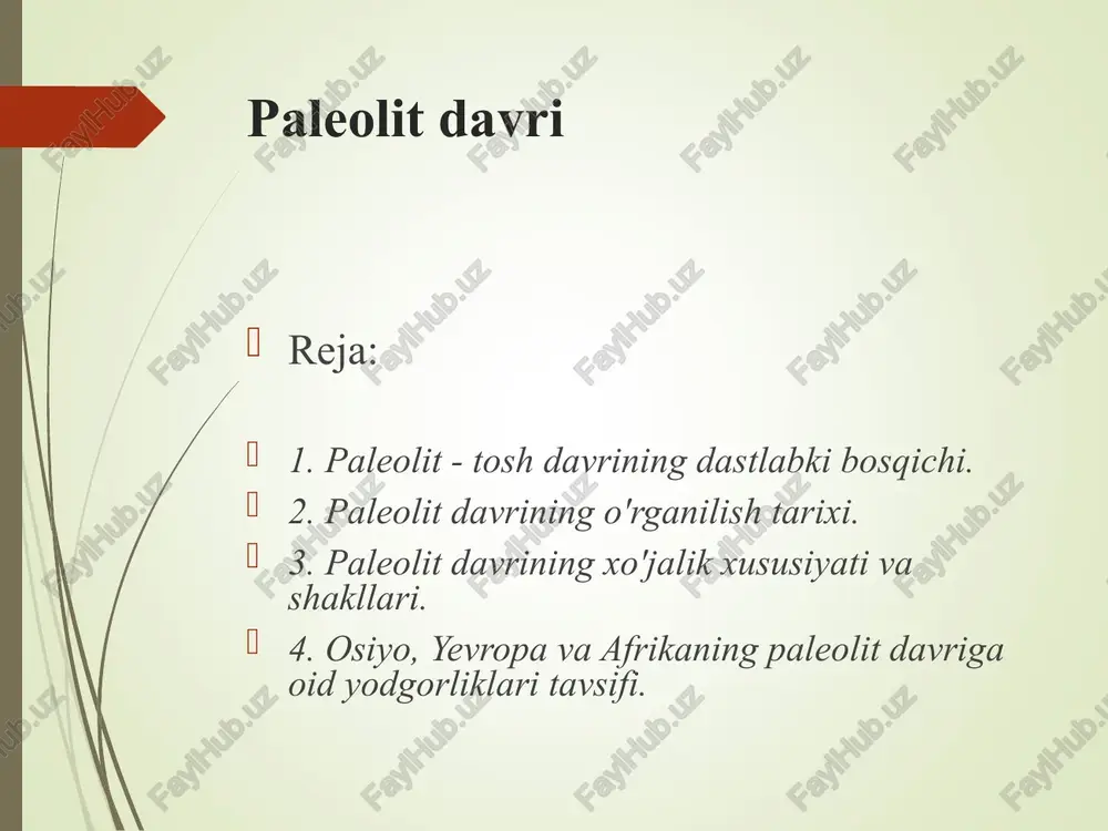 yashil rangda bo’lgan. janubiy va markaziy yevropa hududlarida shamshod, dafna, anjir; yevropaning boshqa hududlarida esa qalin, keng bargli daraxtlardan tashkil topgan o’rmonlar tarqalgan. www.arxiv.uz www.arxiv.uz ilk paleolitda dastlabki odamlar shimoliy afrika, yevropa va osiyo hududlarida yashagan. miloddan avvalgi 600-400 ming yilliklarga kelib, ular markaziy osiyo, kavkazorti hududlariga ham o’rnashadi. www.arxiv.uz www.arxiv.uz