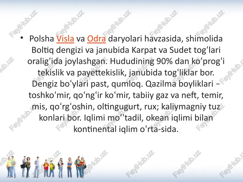 polsha – industrial-agrar mamlakat. yalpi ichki mahsulotda sanoatning ulushi 5,1%, qishloq va oʻrmon xoʻjaligining ulushi 26,6%, xizmat koʻrsatish sohasining ulushi 68,3%. qishloq xoʻjaligi – mamlakat maydonining 61% qishloq xoʻjaligiga yarokli yerlar. mayda xususiy dehqonchilik xoʻjaliklari ustun. davlat xoʻjaliklari, shir-katlar va qishloq xoʻjaligi toʻgaraklari ham bor. eng muhim qishloq xoʻjaligi ekinlari: javdar, bugʻdoy, arpa, suli, kartoshka, qand lavlagi va boshqa sabzavot, tamaki, yem-xashak, re-zavor mevalar ham yetishtiriladi. chorvachilik salmogʻi katta. koramol, choʻchqa, qoʻy, ot, parranda boqiladi. polsha toshkoʻmir, oltingu-gurt, tabiiy gaz, kumush qazib olishda, poʻlat eritishda yevropada oldingi oʻrinlardan birida turadi. kumir mamlakat yoqilgʻienergetika balansining asosini tashkil etadi. transportning asosini temir yoʻllar tashkil etadi. transport yoʻli uzunligi – 24 ming km, avtomobil yoʻllari uz. 372,5 ming km. dare kemachiligi rivojlangan. asosiy dengiz portlari – gdansk, gdinya, shchetsin. dengiz savdo flotining tonnaji – 4,5 mln. tonna dedveyt. asosiy xalqaro aeroporti – okense (varshava yaqinida). polsha davlati import va eksporti tashqi kreditlar bo'yicha …