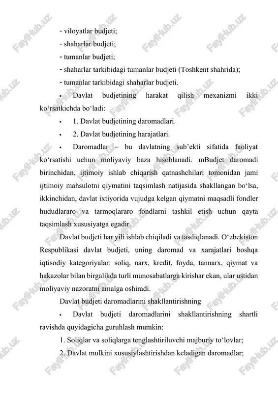 g har biriga muayyan daromad manbalari biriktirilgan. jumladan, respublika budjeti daromadlari umumdavlat soliqlari, yig‘imlari, bojlari, majburiy to‘lovlar va boshqa to‘lovlar hisobiga shakllantirilsa, mahalliy budjetlar daromadlari mahalliy soliqlar, yig‘imlar va boshqa majburiy to‘lovlar hisobiga mshakllantiriladi. 1997 yil 24 aprelda o‘zbekiston respublikasining soliq kodeksi qabul qilindi va 1998 yil 1 yanvardan kuchga kirdi. ushbu kodeks soliqlar va yig‘imlarni yagona hujjatga to‘pladi, umumdavlat hamda mahalliy soliqlar va yig‘imlarning aniq turlarini belgiladi. · 1997 yil 24 aprelda o‘zbekiston respublikasining soliq kodeksi qabul qilindi va 1998 yil 1 yanvardan kuchga kirdi. ushbu kodeks soliqlar va yig‘imlarni yagona hujjatga to‘pladi, umumdavlat hamda mahalliy soliqlar va yig‘imlarning aniq turlarini belgiladi. · shuningdek, davlat budjeti daromadlarini shakllantirishning huquqiy asoslarida muhim ahamiyatga ega bo‘lgan 1997 yil 29-avgustda qabul qilingan “davlat soliq xizmati to‘g‘risida”gi va o‘zbekiston respublikasining budjet kodeksini keltirib o‘tishimiz mumkin. · soliqlar soliqqa tortish ob’ektiga qarab uch guruhga bo’linadi: · 1. oborotdan olinadigan soliqlar. bunda soliqlar xo’jalik yurituvchi …