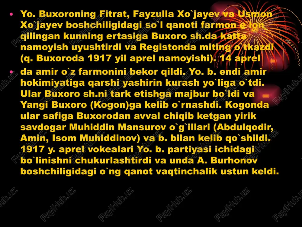 ma) kabul kilindi. unda buxorodagi ijtimoiy tuzum va xalq ahvoli yoritildi, buxorodagi amir hukumatini ag`darib tashlash uchun tashviqotchi xodimlar tarbiyalash, buxoro va turkiston xalklari bilan aloqa bog`lash, amirga qarshi xalq ko`zg`olonini tayyorlash va unga rahbarlik qilish, qo`zg`olonchilarni qurolyarog` bilan ta`minlash masalalari ko`zda tutildi. yo. b.ning maqsadi — buxoroda demokratik xalq respublikasi o`rnatish, deb e`lon etildi. 1919 y. o`rtalariga kelib, yo. b.ning toshkent, samarqand, mari, karki, kattaqo`rg`onda bo`limlari va kogonda shahar byurosi tuzildi. shu yil dek.gacha ularning 3 marta qurultoyi chaqirildi. 1920 y. yanvarda toshkentda fayzulla xo`jayev boshchiligida inqilobchi yo. b. partiyasi turkiston markaziy byurosi tashkil etildi. 1920 y. 15 apreldan yo. b. partiyasining organi "uchqun" gaz. chika boshladi (muharrir — fayzulla xo`jayev). u toshkentda chop qilinib, buxoroda maxfiy ravishda tarkatildi. inqilobchi yo. b. partiyasining turkiston markaziy byurosi 1920 y. 13— 14 iyundagi birlashgan konferensiyasida f. xujayev tuzgan dasturni kabul qildi. dastur "zulmga qarshi birlashingiz!" degan shior va kirish qismi bilan …