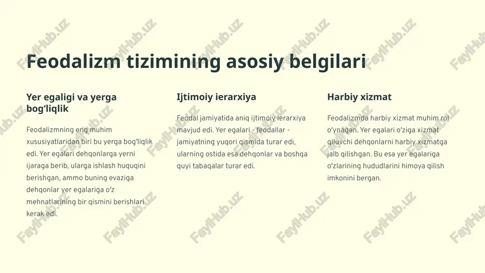 di. shohning mutlaq hokimiyati hukm surardi, u oʻzining yerlarini lordlarga (feodal lordlarga) taqsimlab berardi. lordlar oʻz navbatida oʻz yerlarini vassal (feodal vassallar) deb ataladigan kichik yer egalariga ijaraga berardi. vassallar lordlarga xizmat qilish va urush paytida ularning armiyasiga qoʻshilish majburiyatini oʻz zimmasiga olishardi. yer egalik tizimi "feodal munosabatlar" deb ataladigan oʻzaro bogʻliqliklar zanjiri bilan bogʻlangan edi. ushbu tizimda yer, qishloq xoʻjaligi va mehnat resurslari boʻyicha mutlaq egalik qilish huquqi yuqori sinf vakillariga tegishli edi. 7 feodal yerlar va feodal egalik yer egaligi tizimi feodalizmda yer egaligi yerlarning feodal lordlar tomonidan egalik qilish va boshqarish shakliga asoslangan edi. lordlar o'z yerlarini o'ziga xizmat qilish evaziga vassallariga berishgan. feodal egalik turlari feodal egalikning bir necha turlari mavjud edi, masalan, allodiyal egalik (to'liq egalik) va benevolyal egalik (vassallik asosida egalik). yerlar va feodal huquqlar feodal yerlar lordga tegishli bo'lib, u vassallarga foydalanish va ishlab chiqarish huquqini bergan. vassallar, o'z navbatida, o'z mehnatlarini, harbiy …