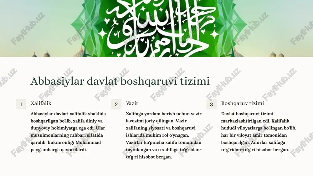 niy merosi abbasiylar davri islomiy madaniyatning oltin davri hisoblanadi. ularning madaniy merosi zamonaviy dunyo uchun ham katta ahamiyatga ega. abbasiylar davrida fan, adabiyot, san'at, arxitektura va musiqa kabi sohalar juda rivojlandi. ularning eng muhim madaniy yutuqlaridan biri bu bagdad shahrining qurulishi edi. bagdad o'sha davrda dunyoning eng katta va eng boy shahri edi. bu erda dunyoning turli burchaklaridan kelgan olimlar, faylasuflar va san'atkorlar to'planardi. abbasiylar davrida arab tilining rivojlanishi va islomiy adabiyotning gullab-yashnash davri boshlandi. ularning davrida yozilgan ko'plab she'rlar, hikoyalar va tarixiy asarlar hozir ham o'qiladi. 7 abbasiylar davri arxitektura va san'ati abbasiylar davrida arxitektura va san'at yuksak darajada rivojlandi. ular o'zlarining buyuk shaharlarida, shu jumladan bag'dod, damashq va kufada ajoyib me'moriy yodgorliklar qurishdi. abbasiylar davrida qurilgan masjidlar, saroylar, kutubxonalar va shifoxonalar o'zining bezaklari, naqshlari va o'yma ishlari bilan ajralib turardi. bu davrda kashtachilik, to'quvchilik, kulolchilik, yog'och o'ymakorligi va metall buyumlar ishlab chiqarish rivojlangan edi. abbasiylar davri san'ati o'zining …