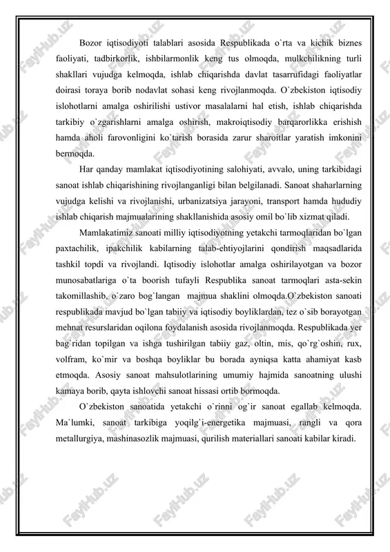rining umumiy hajmida sanoatning ulushi kamaya borib, qayta ishlovchi sanoat hissasi ortib bormoqda. o`zbekiston sanoatida yetakchi o`rinni og`ir sanoat egallab kelmoqda. ma`lumki, sanoat tarkibiga yoqilg`i-energetika majmuasi, rangli va qora metallurgiya, mashinasozlik majmuasi, qurilish materiallari sanoati kabilar kiradi. 1-jadval o`zbekiston sanoatining tarmoqlar tarkibi sanoat tarmoqlari jamiga nisbatan foiz elektr energetika 10,2 yoqilg`i sanoati 13,3 rangli metallurgiya 8,9 qora metallurgiya 1,0 mashinasozlik va metallni qayta ishlash 11,7 kimyo- va neft-kimyo sanoati 5,4 yog`ochsozlik va selyuloza qog`oz sanoati 1,2 qurilish materiallari sanoati 5,5 oyna, chinni, fayans buyumlari sanoati 0,3 yengil sanoat 17,3 oziq-ovqat sanoati 13,6 un tortish, yorma-omuxta sanoati 9,0 boshqa sanoat tarmoqlari 2,6 jadvalda keltirilgan ma`lumotlarda ko`rinib turibdiki, butun sanoatning qariyb uchdan ikki qismini og`ir sanoat tashkil etadi. og`ir sanoat milliy iqtisodiyotning qator tarmoqlarini yangi texnika va texnologiya bilan ta`minlaydi, transport vositalari va qishloq xo`jaligini tarmoqlarini qayta qurish negizi bo`lib hisoblanadi. ammo og`ir sanoat mohiyati va uning tutgan o`rni bu bilan chegaralanmaydi. …