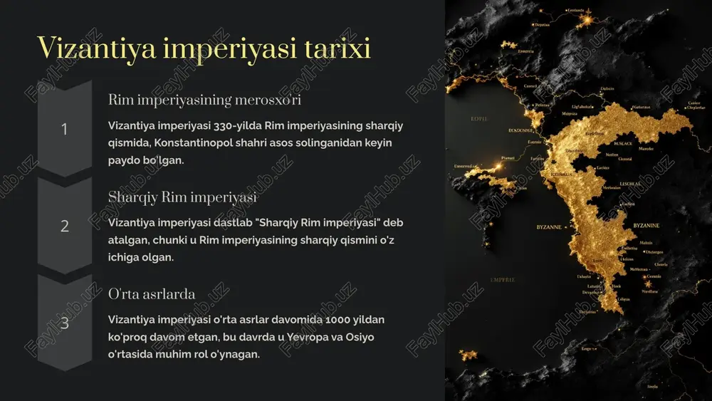 iya adabiyoti asosan diniy mavzularga bag'ishlangan edi. vizantiya yozuvchilari nasroniylik dinining rivojlanishiga, tarixga va falsafa masalalariga oid asarlar yaratishgan. vizantiya xattotligi o'zining go'zalligi va murakkabligi bilan ajralib turardi. 7 konstantinopol - vizantiya poytaxti konstantinopol vizantiya imperiyasining poytaxti bo'lib, uzoq tarixga ega. u 330 yilda rim imperatori konstantin tomonidan tashkil etilgan. konstantinopol buyuk ipak yo'li va evropa bilan osiyo o'rtasidagi muhim savdo markazi bo'lib xizmat qilgan. shahar o'zining go'zal arxitekturasi, boy madaniyati va diniy ahamiyati bilan mashhur edi. uning diqqatga sazovor joylari orasida ayasofya sobori, qizil cherkov, topqapi saroyi va boshqalar bor edi. konstantinopol vizantiya imperiyasining siyosiy, iqtisodiy va madaniy markazi bo'lib, uzoq vaqt davomida dunyoning eng yirik va kuchli shaharlaridan biri hisoblangan. 8 vizantiya imperiyasi tarixining asosiy bosqichlari 1 erta davr (330-717) konstantinopol shahrining tashkil topishi, vizantiya imperiyasining barpo etilishi va rim imperiyasidan ajralishi. 2 o'rta davr (717-1204) vizantiya imperiyasining mustahkamlanishi, arablar bilan urushlar, madaniy va iqtisodiy taraqqiyot. 3 kech …