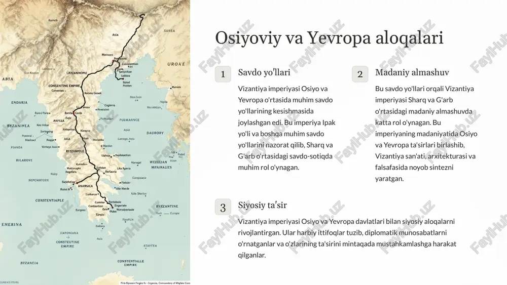 h vazifasini bajargan va imperiya qonunlarini tasdiqlashda ishtirok etgan edi. cherkov vizantiya imperiyasida ortodoks cherkovi muhim rol o'ynagan. patriarx cherkovning boshlig'i edi va imperiya siyosiy hayotining muhim qismiga aylangan edi. 7 vizantiya imperiyasining iqtisodiy salohiyati va savdo aloqalari boy savdo yo'llari vizantiya imperiyasi sharq va g'arb o'rtasida muhim savdo markazi edi. uning strategik joylashuvi, dengiz yo'llari va kuchli floti o'rta er dengizida savdo yo'llarini nazorat qilish imkonini berdi. bu yerda ipak, ziravorlar, qimmatbaho metallar, to'qimachilik va boshqa mahsulotlar almashtirilardi. g'arb bilan savdo vizantiya imperiyasi g'arb evropasi bilan ham savdo qildi. uning boyligi va savdo marosimlari ko'plab g'arblik savdogarlarni jalb qildi, ular vizantiya imperiyasidan ziravorlar, ipak va boshqa tovarlarni sotib olishdi. sharq bilan savdo vizantiya imperiyasi sharq bilan ham muhim savdo aloqalariga ega edi. uning ipak yo'li bilan aloqasi xitoydan ipak, ziravorlar va boshqa tovarlarni olib kelish imkonini berdi. bu savdo aloqalari vizantiya imperiyasining rivojlanishiga katta ta'sir ko'rsatdi. 8 vizantiya imperiyasining …