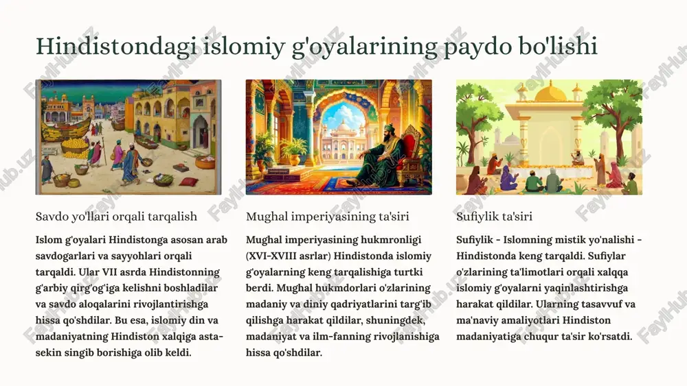 ning hukmronligi hukmronlik davri avrangzeb 1658-yildan 1707-yilgacha hindistonda hukmronlik qildi. u otasi shoh jahonning merosxo'ri bo'lib, taxtga chiqish uchun o'z akasi va birodarlari bilan qattiq kurash olib bordi. siyosiy siyosat avrangzeb siyosiy jihatdan qat'iy va qattiqqo'l edi. u o'zining hukmronligi davrida hindistonni birlashtirishga harakat qildi va shu bilan birga turli dinlarga ega bo'lgan xalqlarni boshqarishga urinib ko'rdi. diniy siyosat avrangzeb islomiy diniy qonunlarga sodiq edi va shu sababli o'zining hukmronligi davrida hindularning bir qator diniy marosimlarini taqiqlab qo'ydi. bu siyosat esa dinlararo munosabatlarga salbiy ta'sir ko'rsatdi. 7 hindistonning siyosiy va iqtisodiy ahvoli siyosiy ahvol iqtisodiy ahvol mughal imperiyasi o'zining kuchli markaziy boshqaruvi va keng hududlarni qamrab olishi bilan ajralib turardi. biroq, imperiyaning kengligi va turli xil madaniyatlarning mavjudligi ichki nizolarga olib keldi. mughal imperiyasi iqtisodiy jihatdan rivojlangan edi. hindiston dunyoning eng boy mamlakatlaridan biri hisoblangan va savdo yo'llari, qishloq xo'jaligi mahsulotlari va hunarmandchilik sohasida rivojlangan edi. xususiy mulkchilikka qarshi bo'lgan …
