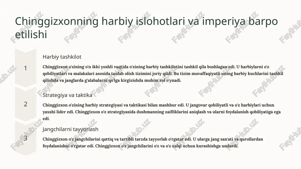 harakat qilgan, ammo 1312 yilda ozbek xon tomonidan taxtdan ag'darilgan. 3 ozbek xon ozbek xon 1313-1341 yillarda oltin o'rda xoni bo'lib, davlatni mustahkamlashga va islom dinini tarqatishga katta e'tibor qaratgan. uning hukmronligi davrida mamlakat iqtisodiy jihatdan yuksalgan va xonlikning hududini kengaytirishga erishilgan. 6 uluq ming g'ozibek isyoni va uning oqibatlari 1 isyon sabablari to'xta xonning qat'iy siyosati va soliqlarning og'irlashuvi 2 ming g'ozibek isyoni 1312-1313 yillarda boshlangan, 1319 yilda to'xta xonni o'ldirgan 3 isyonning oqibatlari oltin o'rda davlatining zaiflashishi, ichki nizolar va ijtimoiy tartibsizliklar uluq ming g'ozibek isyoni oltin o'rda davlatining tarixida muhim rol o'ynadi. to'xta xonning qat'iy siyosati va og'ir soliqlar xalqning noroziligini kuchaytirdi. 1312-1313 yillarda ming g'ozibek boshchiligidagi isyon boshlandi. u to'xta xonni o'ldirdi va uning o'rniga o'tirdi, lekin uning hokimiyati qisqa muddatli bo'ldi. isyon davlatni zaiflashtirdi va ichki nizolarni kuchaytirdi. ushbu voqea oltin o'rda davlatining tanazzulga yuz tutganligini ko'rsatdi. 7 xubiloy g'on davri: ulug' sharliq va imperiya …