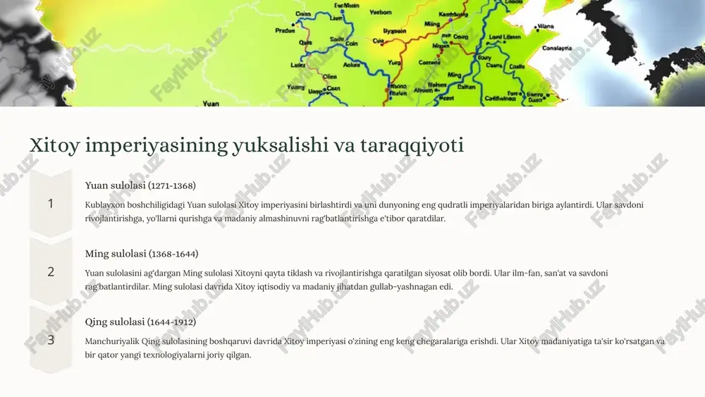 ning ma'muriy tizimini joriy qildi, bu esa mahalliy xitoy amaldorlarini siyosiy hayotida chetlatishga olib keldi. 2 xiv asr xiv asrda yuan sulolasi qulab tushdi va ming sulolasi hukmronlikni o'z qo'liga oldi. ming sulolasi davrida davlat boshqaruvi tizimi xitoy an'analariga qaytarildi va markazlashtirilgan monarxiya tizimi qayta tiklandi. 3 xv-xvii asrlar xv-xvii asrlar davomida ming sulolasi davrida davlat boshqaruvi tizimi nisbatan barqaror edi. bu davrda imperiya kuchli harbiy kuchga ega bo'lib, savdo va madaniyat rivojlandi. 7 xitoy-yevropa iqtisodiy aloqalarining o'rnatilishi xvi asrda yevropa davlatlari, ayniqsa portugaliya va gollandiya, xitoy bilan to'g'ridan-to'g'ri savdo aloqalarini o'rnatishga intilishdi. ular xitoydan ipak, choy, chinni va boshqa qimmatbaho mahsulotlarni olib kelishni xohlashdi. xitoy esa yevropaga kumush, oltin va boshqa qimmatbaho metallarni eksport qildi. xitoy-yevropa savdosi ikki tomon uchun ham foydali edi, lekin xitoy bu savdoda ustunlikka ega edi. xitoyning o'ziga xos savdo siyosati yevropa savdogarlarining xitoyga kirish imkoniyatlarini cheklab qo'ydi. 8 ming sulolasi davrida xitoy hayot tarzi …
