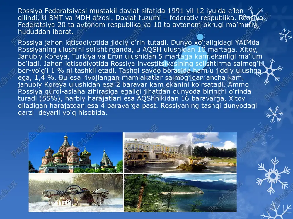 ningdek, orenburg konlaridan olinadi. jami gazning 94% ni "gazprom" birlashmasi qazib chiqaradi. magistral gaz quvurlari uz. — 150 ming km. ichki bozorga yetkazib beriladigan gazning 15% kommunalmaishiy sohaga, shu jumladan, aholi ehtiyojiga, qolgan qismi sanoat i.ch.ga ishlatiladi. kumir zaxiralari 22 yirik koʻmir havzasida va 115 ta alohida konda joylashgan. kuzbass va pechora, kanskachinsk, jan. yakutiya havzalari r.ning eng yirik kumir konlaridir. sanoati r.da 72 aksiyadorlik jamiyati va 6 davlat unitar korxonasi koʻmir qazib olish bilan shugʻullanadi. ular tarkibida 114 shaxta va 125 ochiq kon bor. 68 boyitish va 1 briket fkasi ishlaydi. neft va gaz bilan bir qatorda kumir r.da elektr va issiklik energiyasi i.ch.ning asosiy manbalaridan biri; metallurgiya, kimyo va b. sanoat tarmoklari uchun tengsiz xom ashyodir. 2001 y. r.da 888 mlrd. kvtsoat elektr energiya hosil qilindi. barcha elektr stansiyalar r. tutash elektr energetika tizimiga birlashgan. unga qarashli magistral elektr liniyalari va elektr podstyalarini r. energetika va elektrlashtirish ochiq …