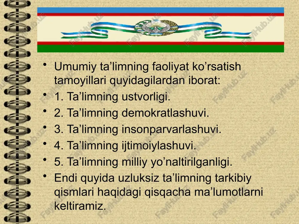 lar ko’rsatilgan holda davlat tomonidan tasdiqlangan namunadagi attestat beriladi. o’rta mahsus, kasb – hunar ta’limi. umumiy o’rta ta’lim negizida o’qish muddati 3 yil bo’lgan majburiy o’rta mahsus, kasb – hunar ta’limi uzluksiz ta’lim tizimidagi mustaqil turdir. o’rta mahsus, kasb – hunar ta’limi tizimi yo’nalishi – akademik litsey yoki kasb – hunar kolleji o’quvchilar tomonidan ihtiyoriy tanlanadi. akdemik litsey dts ga muvofiq o’rta mahsus ta’lim beradi, o’quvchilarning imkoniyatlari va qiziqishlarini hisobga olgan holda ularning jadal intellektual rivojlanishi chuqur, sohalashtirilgan, tabaqalashtirilgan, kasbga yo’naltirilgan ta’lim olishni ta’minlaydi. akdemik litseylarda o’quvchilar o’zlari tanlab olgan ta’lim yo’nalishi bo’yicha (gumanitar, tehnika, agrar va boshqa sohalar) bilim saviyalarini oshirish hamda fanni chuqur o’rganishga qaratilgan mahsus kasb – hunar ko’nikmalarini o’zlarida shakllantirish imkoniyatiga ega bo’ladilar. bu ko’nikmalarni o’qishni muayyan oliy ta’lim muassasalarida davom ettirish yoki mehnat faoliyatida ro’yobga chiqarishlari mumkin. kasb – hunar kollejiga tegishli dts doirasida ta’lim oluvchilarga o’rta mahsus, kasb – hunar ta’limi beriladi; o’quvchilarga kasb …