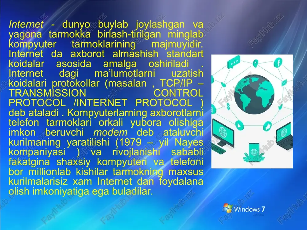 et dagi adresi http://www.zorro.uz/~rtm kurinishda buladi . internet www xizmatidan foydalanish uchun xam maxsus dasturlar yaratilgan . ular web-brauzerlar (browser) deb ataladi . browser inglizcha suz bulib , kurishni ta’minlash , kursatish ma’nosini anglatadi . birinchi web-brauzer 1990-yil cern (evropa yadroviy tadkikotlar kengashi ) xodimi tim berners-li tomonidan yaratildi . xozirgi kungacha juda kup web-brauzerlar yaratilgan . mosaic, opera , adwiper , netscape navigator , netscape communication , microsoft internet explorer va power browser shular jumlasidan . shulardan eng kup foydalaniladigani netscape communicator va microsoft internet explorer dir. microsoft firmasining internet explorer dasturini windows operatsion sistemasi tarkibiga kiritilganligi bu brauzerning keng tarkalishiga sabab buldi . web-brauzerlarning asosiy vazifalari kuyidagilardan iborat : web-saxifalarni xotiraga yuklash va kurish; web-saxifani diska yozib kuyish (saklash); www dagi adresbuyicha web-saxifani chikarish . internet explorer kompyuter xotirasiga yuklanganda ekranda kuyidagi kurinishdagi oyna ochiladi : internet – bepoyon axborot ummoni . axborotlar internet da millionlab web-caxifalarda saklanadi …