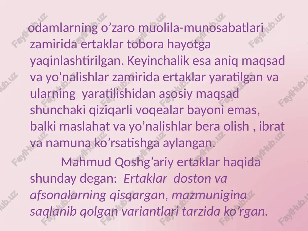 pqo’yaman depdi.shunda bo’g’irsoq qo’shiq kuylapdi:”men bo’girsoq bo’g’irsoq, surpadagi un-urvoq men bobomdan qochdim men buvimdan qochdin, eshit bo’ri endi bas sendan qochish hech gapmas” deb qochib ketibdi. bo’ridan qachib qutilgan bo’g’irsoq ayiqqa duch kelibdi.ayiq debdi:”hoy to’xta buncha hushbo’ysan men seni yeyman”debti, bo’g’rsoq yana qo’shiq kuylapti”men….. eshit ayiq bo’ldi bas sendan qochish hech gapmas” deb qochib qolibdi . yo’lda unga ayyor tulki duch kelibdi.”nimcha shirinsan” debdi tulkixon.bo’g’irsoq qo’rqib ketib tulkiga dedi” meni yemang men sizga qo’shiq aytib beraman”… shunda tulki unga dedi” qulog’im yaxshi eshitmaydi , tumshug’imga chiqib ayt ”dedi.bo’g’irsoq rozi bo’ldi va qo’shig’ini uning tumshug’ida aytishni endigina boshlagan edi, tulki og’zini katta ochib uni yutib yubordi. qissadan xissa shuki, kattalarni gapiga quloq solmaslik yomon oqibatlarni olib kelishiga guvohi bo’lishdir. e’tiboringiz uchun raxmat! image1.jpeg image2.jpeg image3.jpeg image4.jpeg image5.jpeg image6.jpeg image7.jpeg image8.jpeg image9.jpeg image10.jpeg /docprops/thumbnail.jpeg ertaklar ~ xalq og’zaki ijodining gadimiy janri,