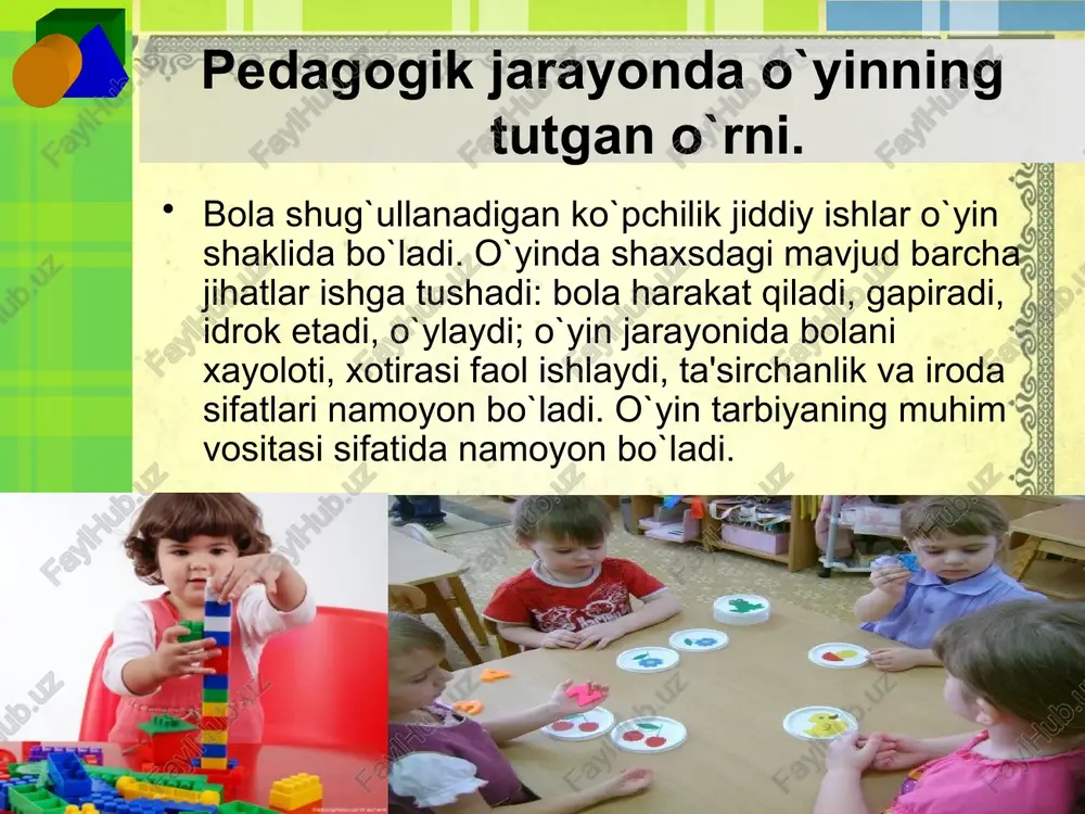 harakatlarning yaqqol shakllari tarkib topa boshlaydi. 9 bolada shaxs xususiyat va fazilatlarini shakl­lantirishda ham zarurdir. binobarin, katta yoshdagi odamlar rolini tanlab, uni bajarish bolaning hissiy-tuygularini qo`zg`atuvchilar bilan uzviy bog`lik holda namoyon bo’ladi. chunki o`yin davomida bolada har xil hohish va istaklar tug`ila boradi, bular boshqa narsalarning tashki alomatlari o’ziga rom etishi sababli hamda bolaning ixtiyoridan tashqari, tengdoshlarining ta'siri ostida tugiladi. 10 image2.jpeg image3.jpeg image4.jpeg image5.jpeg image6.jpeg image7.jpeg image8.jpeg image9.jpeg image10.jpeg image11.jpeg image12.jpeg image13.jpeg image14.jpeg image15.jpeg image16.jpeg image1.jpeg 22675642 /docprops/thumbnail.jpeg