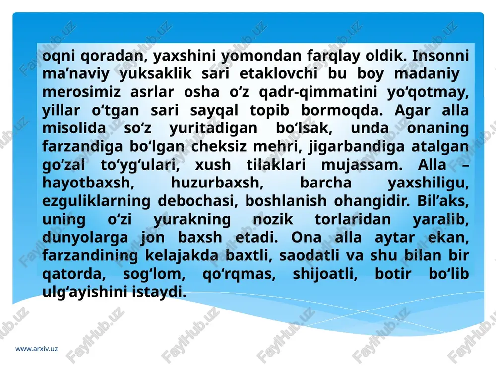 atta insonlar bo‘lgan. aytilayotgan latifada so‘zlarga alohida urg‘u berish, qochiriq va kosa tagida nimkosa borligiga sha’ma qilish ular foydalanadigan usullardir. hozirda farg‘ona viloyatida xalq og‘zaki ijodining bu janridan foydalanishning o‘ziga xos maktabi yaratilgan, desak mubolag‘a bo‘lmaydi. www.arxiv.uz endi keksalarimiz tomonidan aytiladigan ayrim duolar haqida to‘xtalsak. biror safarga otlanayotganimizda kattalar “oy borib, omon kel”, “yo‘ling bexatar bo‘lsin”, “olloh panohida asrasin”, deya duo qilishadi. yoxud biror xayrli yumushni bajarganimizda “boshing omon bo‘lsin”, “olganing oltin bo‘lsin”, “xonadoning farzandga to‘lsin”, deya duoga qo‘l ochishadi. albatta, ushbu ezgulikka yo‘g‘rilgan tilaklar insonga ruhiy quvvat va o‘ziga ishonch tuyg‘ularini uyg‘otadi. demak, xalq og‘zaki ijodining har bir qirrasida hayotiy haqiqat, xalqimizning orzu-istak va kechinmalari mujassamdir. yana bir haqiqat shundaki, biz hali xalq ijodiyotining barcha jihatlarini o‘rganib ulgurganimiz yo‘q. uning hali bizga notanish qirralari bisyor. hayot davom etar ekan, xalq og‘zaki ijodi ham mazmun-mohiyatini boyitib, o‘z tarbiyaviy ahamiyati jihatidan qadr topib boraveradi. www.arxiv.uz image2.jpeg image3.jpeg image4.jpeg image5.jpeg image6.jpeg /docprops/thumbnail.jpeg