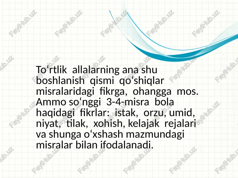 atlariga ega mustaqil janr sifatida keng tarqalganligini turkiy xalqlar o‘rtasida “balu-balu” nomi bilan yuritilganligini “devoni lug‘otit turk” dagi ma’lumotlar ham tasdiqlaydi. kakie sposobnosti priobretut slushateli po zavershenii obucheniya? korotko opishite kajduyu tsel i poleznost dannoy prezentatsii dlya slushateley. 7 alisher navoiy ham farhodning beshikdagi ahvolini shunday tasvirlaydi: arusi charx tun-kun doya kirdor, bo‘lib har tavri holidin xabardor. beshik davrida chiniyu xitoyi, bo‘lib yuz no‘sh lab doston saroyi. ko‘zining nozi eldin eltib uyqu, anga uyqu keturmakka navogo‘3. microsoft injenernoe masterstvo konfidentsialnaya informatsiya maykrosoft 8 pri nalichii podxodyashego videosoderjimogo, takogo kak primeri, demonstratsii produktov ili drugie uchebnie materiali, takje vklyuchite ego v prezentatsiyu. shuni aytish kerakki, o‘zbek folklorshunosligida allalarning kompozitsion butunligini so‘z, ohang va harakat birligida, shu so‘zlarning o‘zaro mantiqiy aloqadorligida ko‘rish hanuzgacha ilmiy taomilga kirganicha yo‘q. jumladan m. alaviya “alla, asosan, to‘rtlikdan tashkil topgan bo‘lsa ham, ba’zi allalovchi to‘lqinlanib ketsa davom ettirib, boshqa misralarni ham qo‘shib yuboradi va bir-biriga yaqin to‘rtliklarni …