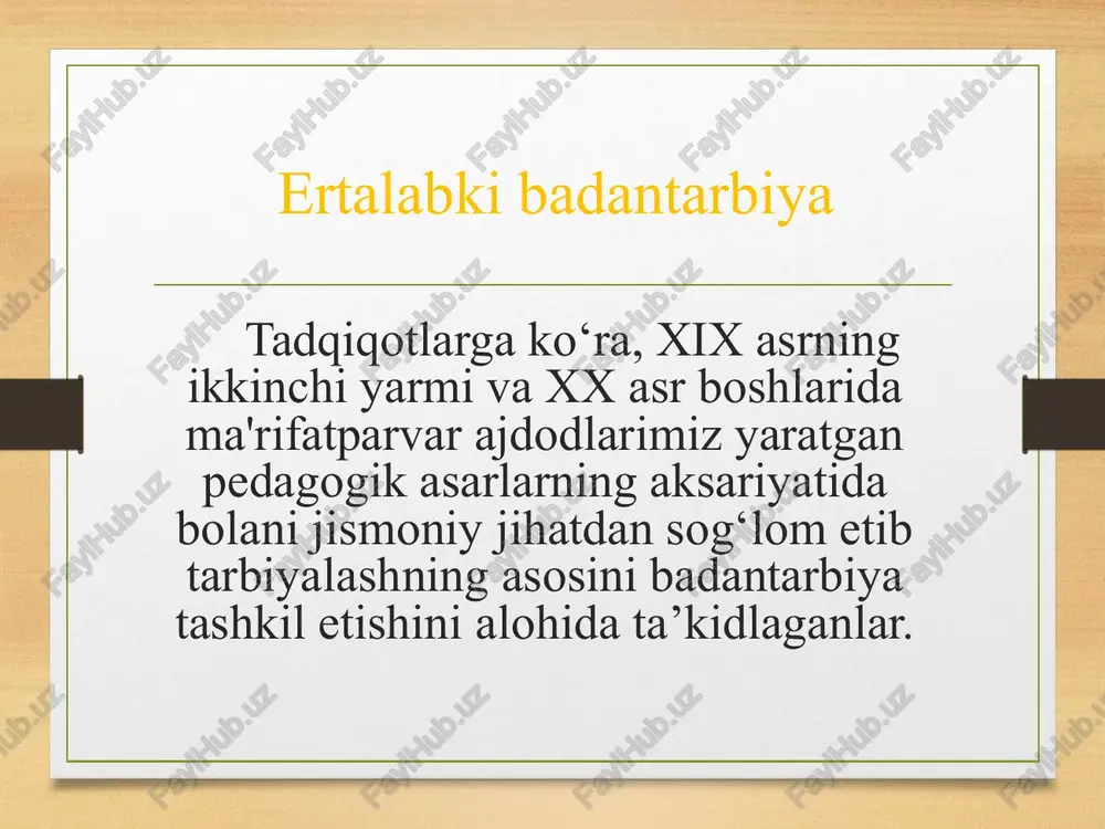 antarbiya mashqlari majmui. 5. d.h. – oyoqlar yelka kengligida, qo’llar belda. gavdani o’ng va chap tomonga burish. 6. d.h – oyoqlar yelka kengligida, qo’llar belda. oldinga engashib, qo’llarni yon tomonga yozish. d.h. 7. d.h. – a.t.t. cho’qqayib o’tirib, qo’llarni oldinga uzatish. d.h. 8. d.h. – oyoqlar yelka kengligida, qo’llar pastda. sakrab oyoqlarni juftlashtirish, qo’llarni yuqoriga ko’tarib chapak chalish. d.h. mashqlar sport zalida gilam ustida o’tkaziladi. bolalar saflanadilar va birin-ketin ertalabki badantarbiya mashqlarini bajaradilar. image7.jpg image5.png image6.png image8.jpeg image9.jpg image10.jpg image3.png image4.png £2,084" /docprops/thumbnail.jpeg erereayire oor ial