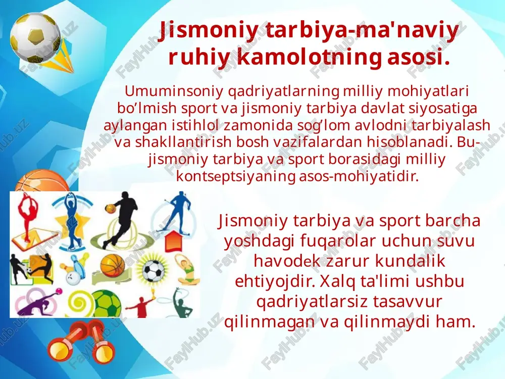 nlangan mashqlar tizimidir. gimnastika mashqlari tufayli hayotiy zarur harakat ko’nikmalari, harakatlarning go’zalligi va aniqligi shakllanadi, asosiy jismoniy sifatlar – chaqqonlik, tezkorlik, kuch, chidamlilik, egiluvchanlik rivojlanadi. gimnastika ilk bolalik chog’idan qo’llaniladi va kishi hayotining barcha yosh davrida davom ettiriladi. xarakatli o’yinlar. harakatli o’yinlar jismoniy tarbiyaning asosiy vositasidir. harakatli o’yinlar bolalarning harakat faoliyati jismoniy rivojlanishiga, harakat ko’nikmalari va jismoniy sifatlarning shakllanishiga, organizmning funktsional faoliyatini oshirgan va emotsional quvnoqlik tuyg’ularini kuchaytirgan holda salomatlikni mustahkamlashga ijodiy ta'sir etadi. harakatli o’yinlarni o’tkazishda erishiladigan sog’lomlashtirish samarasi bolalarning o’yin faoliyati jarayonida yuzaga keladigan va bola ruhiyatiga yaxshi ta'sir etadigan ijobiy emotsiyalar bilan uzviy bog’liqdir. harakatli o’yinlarning variantlari harakatli o’yinlarni o’zgartirib turish maqsadga muvofiqdir. biroq variantlar faqat o’yinni rang-baranglashtirish bolalarning unga nisbatan qiziqishini saqlab turish uchungina emas, balki pedagogik vazifalar-harakatlarini takomillashtirish, birmuncha murakkab o’yin harakatlari, qoidalarini bajarishga o’yin vaziyati sharoitining o’zgarishi uchun kerak bo’ladigan jismoniy sifatlarini tarbiyalash uchun ham zarurdir. ular bolalardan muayyan aqliy va jismoniy kuchni va …