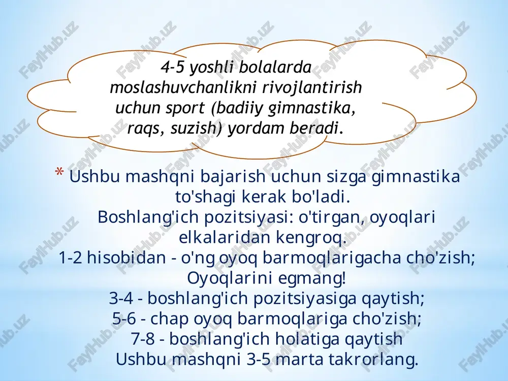 isobidan yon tomonga, nafas olish; 3-4 - boshlang'ich pozitsiyasiga qaytish, nafas chiqarish; 5-6 ─ qo'llarni ko'tarish, nafas olish; 7-8 ─ boshlang'ich holatiga qaytish, nafas olish e`tiboringiz uchun rahmat!!! image1.jpeg image2.jpeg image3.jpeg image4.jpeg 44 facet f ir weft ed /docprops/thumbnail.jpeg