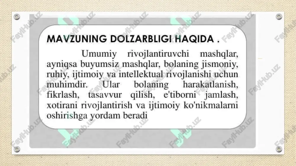 azam ravishda bajarilganda tanani umumiy & mustahkamlash va jismoniy cre gee ko'rsatkichlarni yaxshilashga yordam a ww urm nima? ertalabki badantarbiya mashqlarining sog‘lomlashtiruvchi turlari. maktabgacha fa’lim muassasalar tarbiyalanuvchilari ertalabki badan tarbiya mashqlarini 0‘z ichiga oladi. ertalabki badantarbiya mashqlarining bu turlari shug‘ullanuvchilarni har tomonlama jismoniy kamolotga yetkazish, salomatligini mustahkamlash va harakat funksiyalarini takomillashtirish maqsadida qo‘llaniladi. ertalabki badantarbiya mashqlarida sport turlari. bu guruhga sport ertalabki badantarbiya mashqlari, badiiy ertalabki badantarbiya mashqlari kiradi. bu turlar sport yo‘nalishiga ega bo‘lib, sport turlari sifatida targ‘ib etiladi. bulardan maqsad, mashqlarni ijro etish texnikasida yuksak kamolotga erishish, yuksak sport mahoratini ko‘rsatish, hamda har yoqlama yuksak jismoniy tayyorgarlik asosida ertalabki badantarbiyamashqlari ko‘p murakkab mashqlarini bajara bilishga erishishdan iborat. ertalabki badan tarbiya mashqlarining amaliy turlari. ritmik ertalabki badantarbiya mashqlari va uning turlari. ritmik mashqlari sog‘lomlashtirish yunalishidagi badantarbiya mashqlarining ko‘rinishlaridan biri hisoblanadi. uning asosiy mazmuni yugurish, sakrash, uyin ko‘rinishlari hisoblanadi. bularning hammasi sog‘liqni oshirishga yordam beradi. ritmik ertalabki badantarbiya mashqlari bilan …