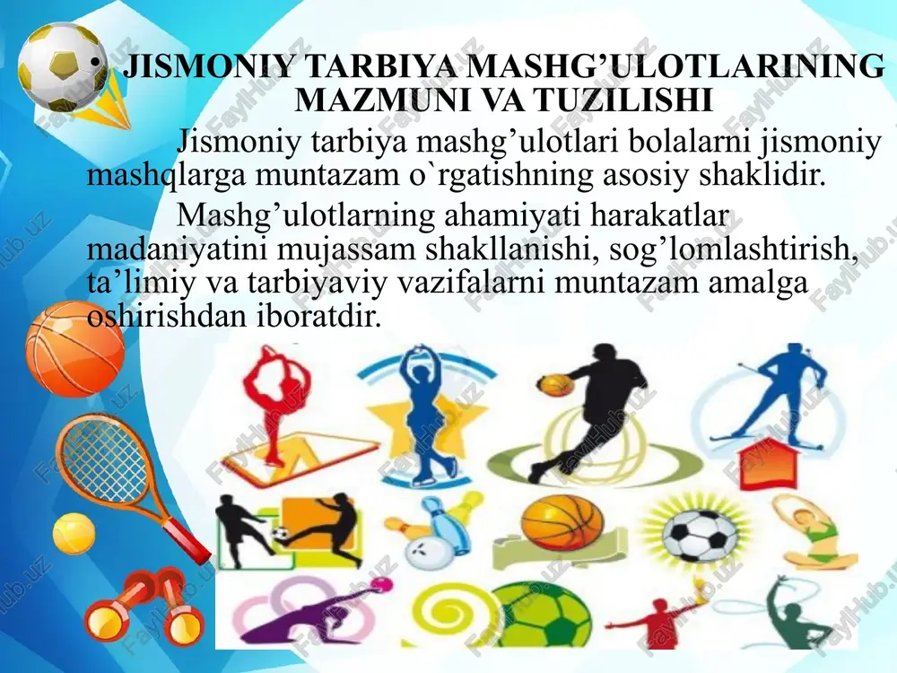 mashtirilishi mumkin. yurish yoki uni almashtiruvchi o`yin so’nggida mashg’ulotga yakun yasaladi. yakunlovchi qism: kichik guruhda 2 dan 3 daqiqagacha, o`rta va katta gruhlarda 3 dan 4 daqiqagacha bo`ladi. tadqiqotlar shuni ko’rsatadiki, hatto 6 yoshli bolalar ham 20 daqiqagina nisbatan harakatsiz va diqqatni jamlab tura olar ekanlar; shu muddatdan so`ng ular toliqish tufayli bilimlarni yaxshi o’zlashtirish va ko’nikmalarni egallashga qodir bo`la olmaydilar. jismoniy daqiqalar tarkibiga 10-15 marta sakrash, 10-12 marta cho`qqayib o`tirish yoki turgan joyida yugurish (30-40 sekund) kiradi. jismoniy daqiqalari o`z ichiga yelka kamari va qo’llarga mo’ljallangan 2-3 ta mashq, tortilish, egilish va gavdani burish mashqlarini oladi. jismoniy daqiqalar 2-3 daqiqa davom etadi. jismoniy mashqlar bilan amalga oshiriladigan chiniqtirish tadbirlari maktabgacha tarbiya muassasalarida bolalarni chiniqtirish maqsadida havo vannalari, suv muolajalari (artinish, suv quyish, dush, cho`milish) va quyosh vannalaridan foydalaniladi. tabiiy omillardan mujassam holda foydalanish bolalarda tashqi muhitning turli noxush ta’siriga nam (havo, yomg’ir, shamol, qizish) nisbatan chidamlilikni hosil qiladi. tursunov …