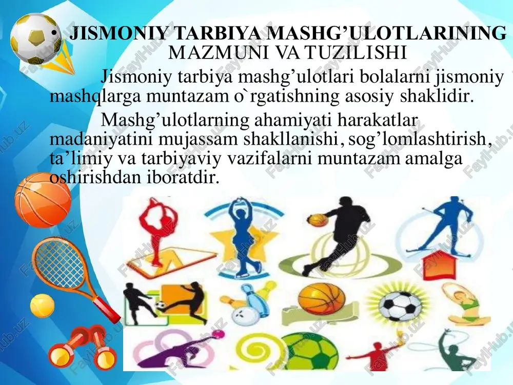 lalar bir necha nafas olish mashqlarini bajarishlari mumkin. ba’zi hollarda yurish barcha bolalar ishtirokidagi kam harakatli o`yin bilan almashtirilishi mumkin. yurish yoki uni almashtiruvchi o`yin so’nggida mashg’ulotga yakun yasaladi. yakunlovchi qism: kichik guruhda 2 dan 3 daqiqagacha, o`rta va katta gruhlarda 3 dan 4 daqiqagacha bo`ladi. tadqiqotlar shuni ko’rsatadiki, hatto 6 yoshli bolalar ham 20 daqiqagina nisbatan harakatsiz va diqqatni jamlab tura olar ekanlar; shu muddatdan so`ng ular toliqish tufayli bilimlarni yaxshi o’zlashtirish va ko’nikmalarni egallashga qodir bo`la olmaydilar. jismoniy daqiqalar tarkibiga 10-15 marta sakrash, 10-12 marta cho`qqayib o`tirish yoki turgan joyida yugurish (30-40 sekund) kiradi. jismoniy daqiqalari o`z ichiga yelka kamari va qo’llarga mo’ljallangan 2-3 ta mashq, tortilish, egilish va gavdani burish mashqlarini oladi. jismoniy daqiqalar 2-3 daqiqa davom etadi. jismoniy mashqlar bilan amalga oshiriladigan chiniqtirish tadbirlari maktabgacha tarbiya muassasalarida bolalarni chiniqtirish maqsadida havo vannalari, suv muolajalari (artinish, suv quyish, dush, cho`milish) va quyosh vannalaridan foydalaniladi. tabiiy omillardan mujassam …