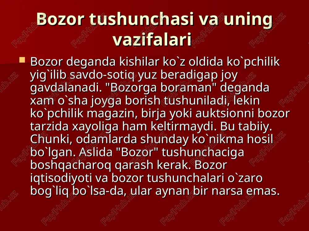eriladi, paxtaning qolgan qismi erkin narxlarda sotiladi. bozordan tovarni sotib olish uchun pul kerak, buning uchun esa nimanidir sotish kerak. demak, haridor, albatta, sotuvchi vazifasini ham o`tashi lozim. uy bekasi bozor qilganda pul bilan chiqib, uyiga tovar bilan qaytadi. u go`yo hech narsa sotmadi. to`g`ri, u shu damda tovar sotmadi, lekin uning hamyonidagi puli oldin sotilgan tovarning xaqi. masalan, uning oila a`zolari o`z ish kuchini firmaga yoki davlatga sotib, ish xaqi olgan. shu pulni beka bozorga olib chiqadi. mazkur oila bankka pul quygan bo`lsa, unga ham haq oladi, uyini ijaraga bersa, ijara xaqi oladi. uy bekasi uchun sotish operatsiyasi oldin bo`lib, xarid etish operatsiyasi keyin bo`lgan, xolos. demak, bozorda oldi-sotdi har xil vaqtda kechishi mumkin. bozorda davlatning ishtiroki boshqacharoq. agar davlatning korxonasi bo`lsa, u ham tovar sotadi. ammo aksariyat davlat idoralari va mahkamalari bozorda o`z xizmatini sotadi. bu xizmatning xaqi olinadigan soliqlar hisoblanadi. tushgan pulga davlat bozordan resurslar va tovarlar …