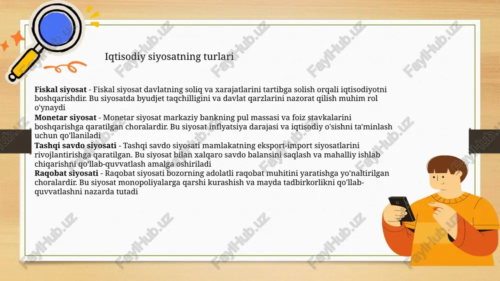 osatda foiz stavkalari, pul massasi va kredit shartlari boshqariladi. xarajatlar siyosati - davlat byudjetiga asoslangan xarajatlar siyosati iqtisodiy rivojlanishni rag'batlantirish uchun muhimdir. bunda davlat sarmoyasi va transfer to'lovlari nazarda tutiladi. savdo siyosati - savdo siyosati davlatning import va eksport yordamida milliy iqtisodiyotni rivojlantirish usulidir. tariflar va kvotalar kabi vositalar qo'llaniladi. 7 iqtisodiy siyosatning muammolari barqaror iqtisodiy o'sish - barqaror iqtisodiy o'sishga erishish ko'plab davlatlarning asosiy maqsadi hisoblanadi. bu jarayonda energiya resurslari, infratuzilma va investitsiya muhim rol o'ynaydi. barqaror rivojlanish bilan birdamlikda yagona strategiyani ishlab chiqish zarur. siyosiy beqarorlik - siyosiy beqarorlik iqtisodiy siyosatga ta'sir ko'rsatishi mumkin. hukumat almashinuvi yoki siyosiy qarorlar iqtisodiy tamoyillarni zaiflashtiradi. siyosiy barqarorlikni ta'minlash orqali iqtisodiy islohotlar amalga oshiriladi. 8 iqtisodiy siyosatning natijalari iqtisodiy oʻsish moliyaviy barqarorlik ishsizlik darajasining kamayishi 9 iqtisodiy siyosatning xalqaro tajribasi jahoniy rivojlanish modellari - iqtisodiy siyosat strategiyasini muvaffaqiyatli amalga oshirishi uchun barcha davlatlar xalqaro tajribalarni o'rganishi zarur muvofiqlik va moslashuvcha yondashuvlar - …