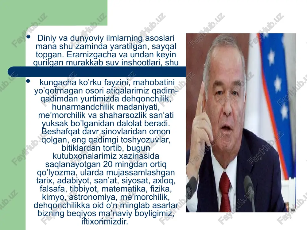 jamiyatning har bir a’zosi o’z o’tmishini yaxshi bilsa, bunday odamlarni yo’ldan urish, har xil aqidalar ta’siriga olish mumkin emas. tarix saboqlari insonni hushyorlikka o’rgatadi, irodasini mustahkamlaydi. xulosa yuqoridagi mulohazalardan tabiiy ravishda shunday savol tug`iladi: xo’sh, o’zbekistonning, o’zbek xalqining bugun keng ommaga etkazishga arziydigan haqqoniy tarixi yaratildimi-yo’qmi? sovet davrida yozilgan tarixni men tarix sanamayman. o’zgalar yozib bergan tarixni o’qitishga mutlaqo qarshiman. mustamlakachi o’ziga qaram bo’lgan xalq haqida qachon xolis, adolatli fikr aytgan? ular bor kuch-g`ayratlarini turkistonning o’tmishini kamsitishga, bizni tariximizdan judo qilishga sarflaganlar. tarixdan judo bo’lish nimaligini yaxshi bilsangiz kerak. inson uchun tarixidan judo bo’lish - hayotdan judo bo’lish demakdir image1.jpeg image2.jpeg image3.jpeg image4.jpeg image5.jpeg image6.jpeg image7.jpeg image8.jpeg image9.jpeg image10.jpeg 2 /docprops/thumbnail.jpeg (o zbokiston respublikasi prozident stom karimovning asarlar! mustagil 9 zbekiston tare! bo'yicha asosly manba rela’ o’zlikni anglash tarix saboqlar! komil insonni tarbiyalashda tarixning rol ma'rifat va ta'lim- tarbiya jamiyat hayotidagl o'rni,