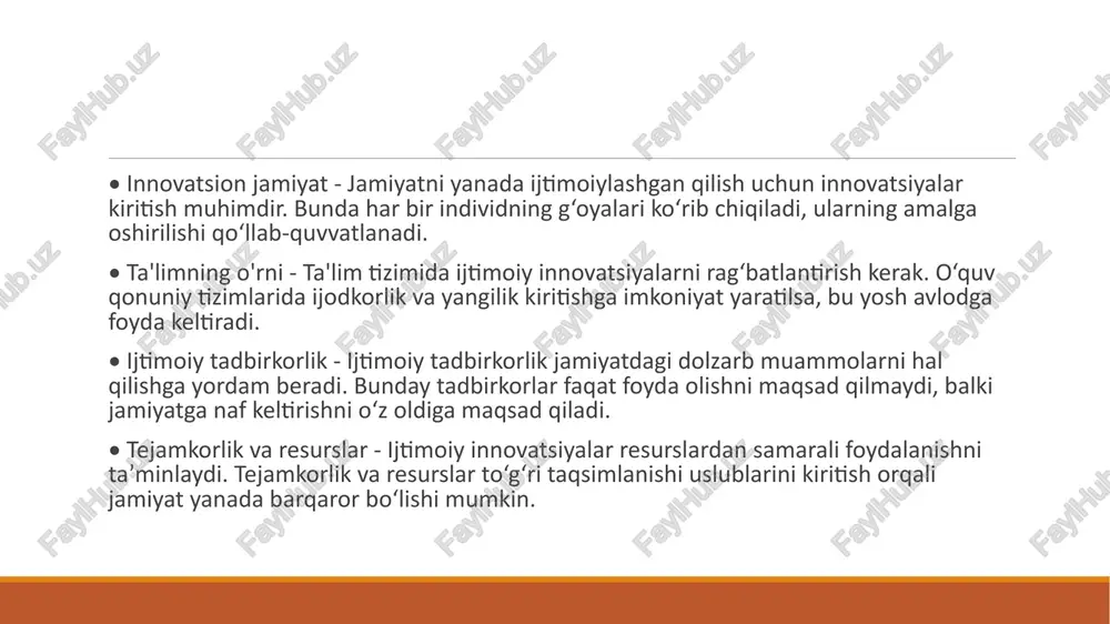 i, bolalar uchun maqbul o'sish va rivojlanish sharoitlarini yaratadi. shu yo‘l orqali kelajak avlodlarning sog‘lom va barkamol bo‘lishi ta'minlanadi. aholi bandligini oshirishga qaratilgan dasturlar • bandlikni ta'minlash maqsadlari - aholi bandligini oshirishda asosiy maqsad ish o'rinlarini ko'paytirishdir har bir fuqaro uchun barqaror ish o'rinlarini yaratish orqali davlat iqtisodi rivojlanadi • ta'lim dasturlari roli - kasbiy tayyorgarlik dasturlari aholining malakasini oshirishga yordam beradi maxsus kurslar o'tish bandlikni ta'minlashda muhim ahamiyatga ega uy-joy bilan ta'minlashni yaxshilash • yangi qurilish loyihalari - shaharlar va qishloqlar yangi uy-joylarning qurilishiga e’tibor qaratmoqda. bu aholining o’sib borayotgan talabini qondiradi va turmush sharoitini yaxshilaydi • moliyaviy qo‘llab-quvvatlash - davlat tomonidan beriladigan arzon kreditlar va subsidiya dasturlari orqali yangi uy-joy sotib olish imkoniyati oshmoqda • eko-barqaror uy-joylar - yashil texnologiyalarni qo‘llash bilan uy-joylar energiyani tejash va ekologiyani ta’minlash yo‘lida loyihalangan • ijara bozorini rivojlantirish - ijara shartlarini yaxshilash va yangi uy-joy fondlarini jalb etish orqali turar joylar bilan …
