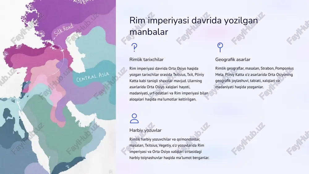 atafsil tavsif bergan. uning kuzatuvlari o'rta osiyo hayoti va madaniyati haqida qimmatli ma'lumotlarni o'z ichiga oladi. 7 yevropa xalqlari yozgan seyahatnomalarda orta osiyo yevropa sayyohlari va tadqiqotchilarining seyahatnomalari orta osiyo tarixini o'rganishda muhim ahamiyatga ega. ular o'z yozuvlarida mintaqaning madaniyati, ijtimoiy hayoti, iqtisodiyoti, arxitekturasi va boshqa jihatlari haqida qimmatli ma'lumotlarni berishadi. masalan, marko polo, ibn battuta va boshqa sayyohlar o'z safarlari davomida orta osiyoda ko'rganlari va eshitganlarini batafsil tavsiflaydilar, bu ma'lumotlar o'sha davr haqida bizga tasavvur berishi mumkin. ular shuningdek, savdo yo'llari, shaharlar va xalqlar haqida ma'lumotlarni berishadi. 8 xviii-xix asrlardagi yevropa manbalari geografiya va etnologiya ushbu davrda orta osiyo hududlari yevropa olimlari tomonidan geografiya va etnologiya nuqtai nazaridan o'rganila boshlandi. ilmiy ekspeditsiyalar yevropa olimlari tomonidan amalga oshirilgan ilmiy ekspeditsiyalar orta osiyo haqida boy ma'lumotlarni to'pladi. savdo aloqalari yevropa bilan savdo aloqalari kuchayishi tufayli orta osiyo haqida ko'plab ma'lumotlar to'plandi. xviii-xix asrlardagi yevropa manbalari orta osiyo tarixini o'rganishda juda muhim …