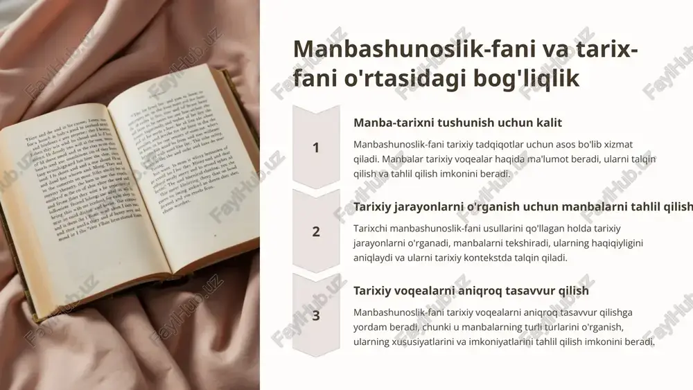 ri va iqtisodiy faoliyat to'g'risida ma'lumot beradi. 2 siyosiy tarix tangalardagi yozuvlar va rasmlar hukmdorlar, davlatlar va siyosiy voqealar haqida ma'lumot beradi. 3 ijtimoiy hayot tangalarda aks ettirilgan tasvirlar odamlarning kundalik hayoti, madaniyati va diniy e'tiqodlari haqida ma'lumot beradi. numizmatika - bu tangalarni o'rganish fanidir. bu fan manbashunoslik bilan yaqindan bog'liq. numizmatika tarix, arxeologiya, iqtisodiyot va ijtimoiy hayot to'g'risida qimmatli ma'lumotlar beradi. 8 manbashunoslik-fani va epigrafika-fani o'rtasidagi aloqa 1 yozuv manbalari epigrafik yodgorliklar 2 tadqiqot usullari matn tahlili, lingvistik tahlil, tarixiy kontekst 3 ma'lumotlar tarixiy voqealar, jamiyat hayoti, madaniy va tiliylar haqida ma'lumot manbashunoslik va epigrafika o'rtasidagi aloqa juda yaqin, chunki epigrafik yodgorliklar manbashunoslikning asosiy tadqiqot obyektlaridan biri hisoblanadi. epigrafik yodgorliklar, ya'ni qadimgi davrlarda toshlarga, haykallarga, binolarga o'yilgan yozuvlar, manbashunoslik orqali o'rganiladi. 9 manbashunoslik-fani va kodikologiya-fani o'rtasidagi hamkorlik qo'lyozmalarni o'rganish kodikologiya qo'lyozmalarni o'rganish bilan shug'ullanadi, ularning tarixi, yozilish uslubi, materiallari va boshqa xususiyatlarini o'rganadi. manbashunoslik esa bu ma'lumotlardan foydalanib, qo'lyozmalarning …