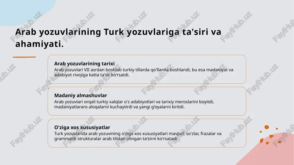 lanadi. 03 zamonaviy ta'sir bugungi kunda ham arab yozuvi o'zbek adabiyotida o'z ahamiyatini saqlab qolmoqda, zamonaviy yozuvchilar uning uslubidan ilhomlanib asarlar yaratmoqda. turk yozuv merosining saqlanishi va avlodlarga yetkazilishi. 1 merosni saqlash turk yozuv merosini saqlash uchun, dastlabki qo'lyozmalar, kitoblar va arxivlar orqali tarixiy asarlarni yig'ish va muhofaza qilish zarur. 2 avlodlarga yetkazish merosni avlodlarga yetkazish uchun, o'quv dasturlariga arab yozuvini o'z ichiga olgan adabiyotlar kiritilishi va madaniyat tadbirlari o'tkazilishi muhimdir. 3 raqamli texnologiyalar raqamli texnologiyalar yordamida, eski qo'lyozmalarni skaner qilib, onlayn kutubxonalarda saqlash va keng auditoriyaga taqdim etish imkoniyatlari yaratilmoqda. arab yozuvlari orqali turkiy xalq og'zaki ijodining yozma shakli. 1 og'zaki ijod va yozuv - turk xalqlari og'zaki ijodini arab yozuvlari orqali yozma shaklga o'tkazish, ularning tarixiy va madaniy merosini saqlashda muhim rol o'ynadi. 2 arab yozuvining tarixi - arab yozuvining turk xalqlari og'zaki ijodida qo'llanilishi, ix asrdan boshlab, ko'plab xalq qissalari va dostonlarining yozilishi bilan boshlanadi. 3 madaniy …
