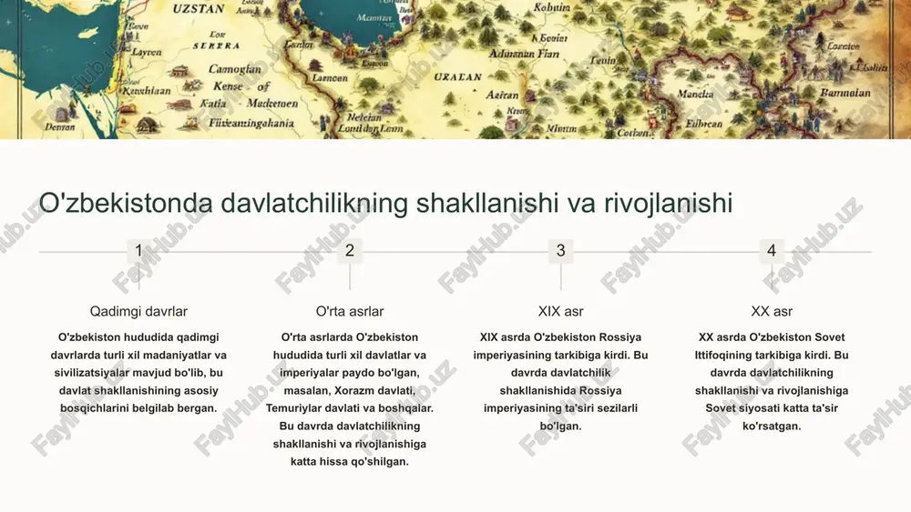 tlar davlat organlari va tuzilmalarining vazifalari va vakolatlarini qayta ko'rib chiqish, ularning samaradorligini oshirish, byurokratiya va korrupsiyani kamaytirishga yo'naltirilgan edi. qonunchilik bazasini takomillashtirish mustaqillik davrida o'zbekiston respublikasi o'zining yangi qonun hujjatlarini yaratdi va mavjud qonunlarni zamonaviy talablarga moslashtirdi. bu islohotlar bozor iqtisodiyoti va demokratik jamiyatni rivojlantirish uchun zarur huquqiy asos yaratdi. 5 markaziy osiyo xalqlarining davlat qurilishi rivojlanishiga qo'shgan hissasi tarixiy tajriba markaziy osiyo xalqlari ming yillar davomida o'ziga xos davlatchilik an'analarini shakllantirishgan. qadimgi davlatlar, xonliklar va imperiyalar bu hududning tarixida muhim rol o'ynagan va zamonaviy davlatlarning shakllanishiga asos bo'lgan. madaniy va iqtisodiy aloqalar markaziy osiyo xalqlari o'rtasidagi madaniy va iqtisodiy aloqalar davlatchilik rivojlanishida muhim rol o'ynagan. savdo yo'llari, ilm-fan va madaniyat almashinuvi bu hududning davlatchilik tizimiga o'z ta'sirini o'tkazgan. milliy identifikatsiya o'zbekiston mustaqillikdan keyin milliy davlatchilik g'oyasini mustahkamlashga e'tibor qaratgan. bu jarayonda tarixiy meros, milliy madaniyat va tilni qayta tiklash va himoya qilish muhim ahamiyatga ega bo'lgan. 6 o'zbekiston …