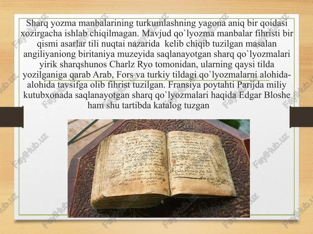 ini belgilasa, ikkinchisi birinchisi uchun daliliy ma`lumotlar jamlab, asos bo`lib xizmat qiluvchi dalillarni yig`adi. 9 adabiyotlar: 1. karimov i a tinchlik va xavfsizligimiz o`z qudratimizga hamjihatligimiz va qatiy irodamizga bog`liq. 12 jild t. o`zbekiston 2004. 2. karimov i a o`zbek halqi hech qachon hechh kimga qaram bo`lmaydi. 13- jild t. o`zbekiston 2005. 3. a madiraimov, g.fuzailova . manbashunoslik toshkent. 2008. 4 ahmedov b. a. o`zbekiston tarixi manbalari toshkent 2001. image7.jpeg image8.jpeg image9.jpeg image10.png image11.jpeg image12.jpeg image13.png image14.png image3.png image4.png /docprops/thumbnail.jpeg tarixiy, nazariy va amaliy ‘manbashunoslik raja 1. nasal mambo 2 try, market 5. analy manbasnos
