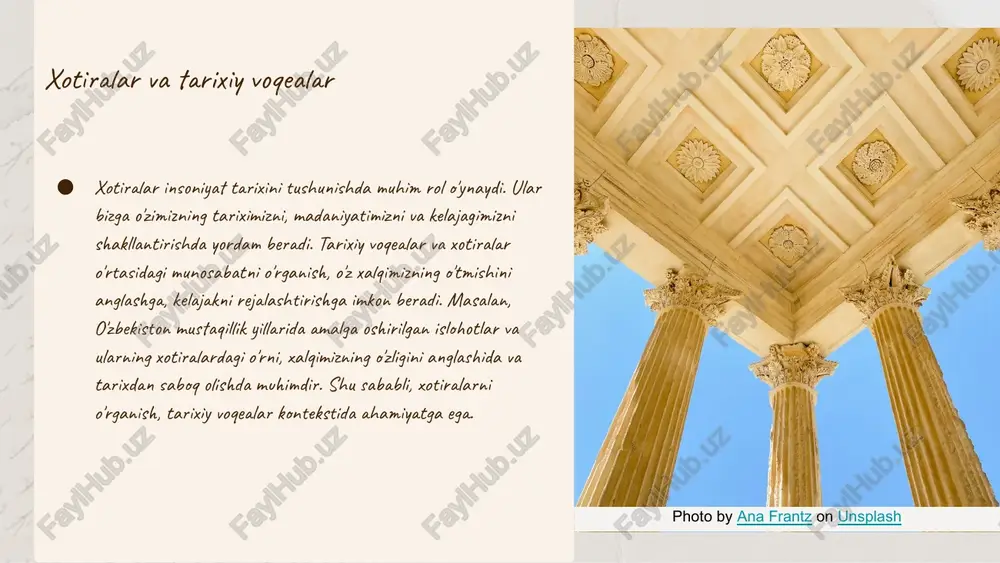osiyo tarixida muhim hodisalar, masalan, amir temur davri yoki sovetlar davrida qilingan inqiloblar, xotiralarda o'z aksini topadi. bu xotiralar nafaqat shaxsiy, balki jamiyat darajasida ham tarqatiladi. xotiralar orqali biz tarixiy voqealarni qanday tasavvur qilganimizni va ularga qanday munosabatda bo'lganimizni tushunishimiz mumkin. shu bilan birga, xotiralar tarixiy voqealarni qayta talqin qilishda ham muhim rol o'ynaydi, chunki ular vaqt o'tishi bilan o'zgarishi va yangi kontekstlarda ko'rinishi mumkin. xotiralarda shaxslar roli tarixiy shaxslar xotiralarda muhim rol o'ynaydi. masalan, amir temur va uning jangovar strategiyalari ko'plab odamlar xotirasida saqlanadi. shuningdek, alisher navoiyning ijodi va zamondoshlariga ta'siri xotiralarda o'z aksini topadi. muxlislar va tarixiy shaxslar o'rtasidagi aloqalar, masalan, sportda mashhur shaxslar, odamlarni birlashtiradi va ularning xotiralarida muhim joy egallaydi. o'zbek tarixida zahiriddin muhammad bobur, uning hayoti va faoliyati ham xotiralarda o'z o'rnini topgan. bu shaxslarning xotiralardagi roli, ularning jamiyatdagi ta'siri bilan bevosita bog'liqdir. photo by ana frantz on unsplash xotiralar va tarixiy kontekst xotiralar va …