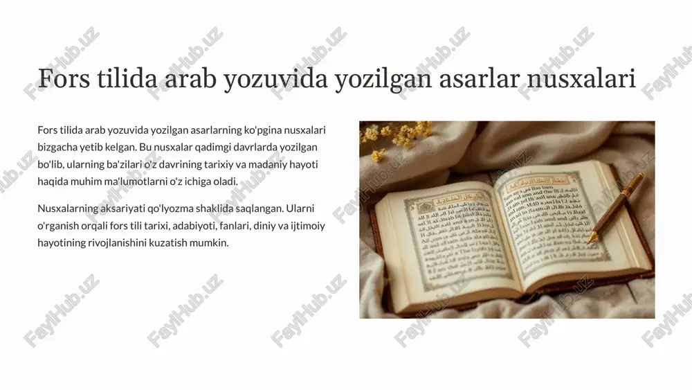 adimgi fors tili, arab tili va turkiy tillarning o'zaro ta'sirini aks ettiradi, shu bilan birga o'ziga xos uslubiy xususiyatlarni namoyon qiladi. masalan, diniy adabiyotlarda arab tili va uning terminologiyasi ustunlik qiladi, shuningdek, o'ziga xos uslubiy xususiyatlar bilan ajralib turadi. shu bilan birga, dunyoviy adabiyotlarda fors tili va uning xususiyatlari sezilarli bo'lib, adabiy uslublarning boyligi kuzatiladi. tarixiy manbalarda esa voqealarni bayon etishda o'ziga xos uslub va til xususiyatlari qo'llaniladi. 7 manbalarni o'rganishdagi qiyinchiliklar va muammolar fors-tilida-arab-yozuvida yozilgan manbalarni o'rganishda muhim qiyinchiliklar mavjud. buning sababi, ba'zi matnlar shifrlangan yoki qiyin tilda yozilgan bo'lishi mumkin. bu manbalarning ko'pchiligi arxivlarda yoki shaxsiy kolleksiyalarda saqlanadi va ularga kirish qiyin bo'lishi mumkin. manbalarning tarixiy konteksti va mualliflarning shaxsiyatlari to'g'risida ma'lumotlar yetishmasligi ham muhim muammo hisoblanadi. 8 manbalarning-o'rganilish-tarixi-va-hozirgi-holati 1 dastlabki tadqiqotlar fors tilida arab yozuvida yozilgan manbalarni o'rganish xviii asrda boshlangan. u davrda evropa olimlari sharq madaniyati va tarixiga qiziqish bildirishgan va forscha manbalarni o'rganishga kirishishgan. 2 …