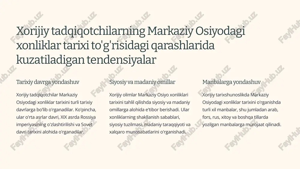 o'rganishda muhim rol o'ynadi. hozirgi kunda yevropa tarixnavisligida markaziy osiyo xonliklari tarixiga oid tadqiqotlar davom etmoqda. zamonaviy tadqiqotchilar xonliklarning siyosiy, ijtimoiy va madaniy hayotiga, shuningdek, mintaqaning mintaqaviy va global tarixdagi o'rniga qiziqishadi. ular turli manbalarni, shu jumladan arxeologik, epigrafik, etnografik va yazılı manbalarni tahlil qilib, xonliklarning rivojlanishi va taqdirini o'rganishga harakat qilishadi. 5 aqsh tarixnavisligida markaziy osiyodagi xonliklar tarixi aqsh tarixnavisligida markaziy osiyo xonliklari tarixi 19-asrning ikkinchi yarmidan boshlab faol rivojlana boshladi. dastlabki tadqiqotlar asosan mintaqaning geografik xususiyatlari, aholi turmush tarzi va madaniyatiga qaratilgan edi. 6 xitoy tarixnavisligida markaziy osiyodagi xonliklar tarixi davr tadqiqot yo‘nalishlari muhim tadqiqotchilar qadimgi davr qadimgi xitoyning markaziy osiyo bilan aloqalari, savdo yo‘llari, madaniy almashinuv sima qian, ban gu, sima guang o‘rta asrlar xonliklarning siyosiy tarixi, xitoy-markaziy osiyo munosabatlari, savdo va diplomatiya xuanzang, li shizhen, yao guangxiao yangi davr markaziy osiyo xonliklarining qulashi, rossiya va britaniya mustamlakachiligining ta'siri, xitoy-markaziy osiyo munosabatlarining rivojlanishi xu wei, wang gungwu, …