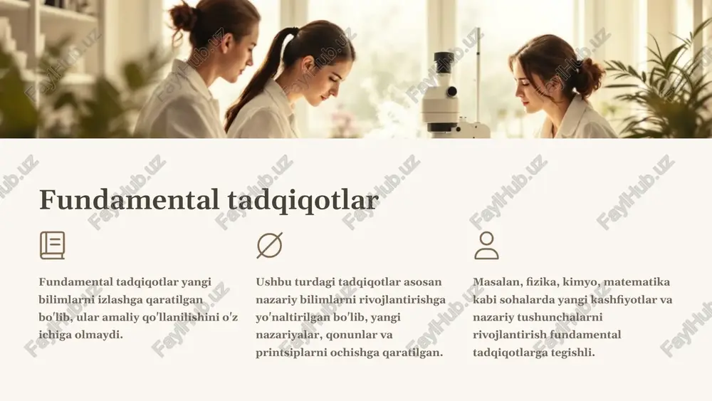 il qilinadi. 3 gipotezani shakllantirish tadqiqotning asosiy taxminiy xulosasi ishlab chiqiladi. 4 tadqiqot uslublari va usullarini tanlash tadqiqotning maqsadi va gipotezasiga mos keladigan usullar tanlanadi. 5 ma’lumotlarni to‘plash tanlangan usullar yordamida kerakli ma’lumotlar to‘planadi. 6 ma’lumotlarni tahlil qilish to‘plangan ma’lumotlar qayta ishlanadi, tahlil qilinadi va xulosalar chiqariladi. 7 natijalarni talqin qilish tadqiqot natijalari gipotezaga muvofiqligi, amaliy ahamiyati va keyingi tadqiqotlarga ta’siri baholanadi. 8 hisobot tayyorlash tadqiqot natijalari ilmiy hisobot shaklida rasmiylashtiriladi. 9 natijalarni e’lon qilish tadqiqot natijalari ilmiy jurnallar, konferentsiyalar orqali e’lon qilinadi. 11 natijalarni taqdim etish ilmiy ma'lumotlarni tartiblash tadqiqot natijalari aniq va tushunarli tarzda taqdim etilishi kerak. bu jarayonda quyidagi elementlarni hisobga olish muhim: mavzuga mos bo‘lgan grafiklar, jadvallar va diagrammalar mavjud ma'lumotlarni aniq va qisqa tushuntirishlar asl manbalarga ishora qilish (footnotes, bibliography) taqdimot uslublari natijalarni turli xil usullar orqali taqdim etish mumkin: ilmiy maqola konferentsiyada ma'ruza poster taqdimoti online platformada nashr etish 12 xulosa va takliflar 1 …