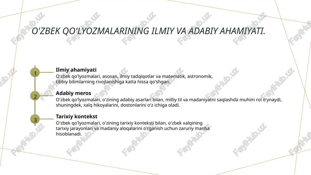 tarixiy tadqiqotlar uchun muhim manbadir. 2 ilmiy tadqiqotlar - o'zbek qo'lyozmalari, matematikadan tibbiyotgacha bo'lgan bir qancha ilmiy masalalarni qamrab olgan, muhim ilmiy tadqiqot manbalaridir. 3 madaniy ta'sir - sharq qo'lyozmalari, xalqlarning madaniyatini rivojlantirgan, adabiyot va san'atning o'zaro aloqalarini mustahkamlashda muhim rol o'ynagan. 4 innovatsion g‘oyalar - o'zbek qo'lyozmalari, yurtimizdagi innovatsion g'oyalar va ilmiy yutuqlarni tarqatishda, global ilm-fan rivojida muhim hissa qo'shgan. o'zbek qo'lyozmalari: global sivilizatsiyaga hissa. 1 o'zbek madaniyati o'zbek qo'lyozmalari, o'ziga xos uslub va mazmuni bilan, sharq madaniyatining ajralmas qismi hisoblanadi, global tarixda o'z o'rnini egallaydi. 2 ilmiy inqilob o'zbek qo'lyozmalari, matematikadan tibbiyotgacha bo'lgan ko'plab fanlarda ilmiy inqilobni keltirib chiqardi, ko'plab buyuk olimlar bu manbalardan foydalandilar. 3 madaniy almashinuv o'zbek qo'lyozmalari xalqaro madaniy almashinuving muhim manbai bo'lib, turli xalqlar o'rtasida bilim va tajriba almashish imkoniyatini yaratar. 4 tarixiy ta'sir o'zbek qo'lyozmalari, nafaqat mahalliy, balki global tarixga ta'sir ko'rsatgan, ko'plab sivilizatsiyalarni rivojlantirishda muhim rol o'ynagan. tarixiy qo'lyozmalar va ularning saqlanishi: …