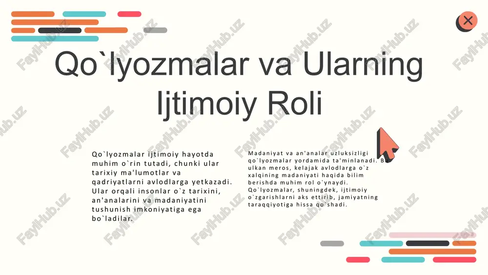 zilarli darajada osonlashtiradi. bu texnologiyalar yordamida qo`lyozmalarni tez va samarali tahlil qilish imkoniyati yaratiladi. photo by altumcode on unsplash qo`lyozmalar: umumiy xulosa qo`lyozmalar insoniyat tarixidagi muhim madaniy meros hisoblanadi. ular nafaqat bilimlarni saqlash, balki madaniyat va tarixni o'rganishda ham muhim rol o'ynaydi. qo`lyozmalarning ijtimoiy roli, ularning jamiyatdagi bilim almashinuvi va madaniy rivojlanishdagi ahamiyatini o'z ichiga oladi. ilmiy jihatdan esa, qo`lyozmalar tarixiy tadqiqotlar va tilshunoslikda asosiy manba sifatida xizmat qiladi. kelajakda qo`lyozmalarni o'rganish davom etadi, chunki ular tarixiy kontekstni tushunishda va yangi ilmiy kashfiyotlar qilishda yordam beradi. qo`lyozmalarni o'rganishda e'tibor berilishi lozim bo'lgan muhim jihatlar orasida ularning yaratilish tarixi, madaniyati va tilshunoslikdagi o'rni mavjud. photo by goran ivos on unsplash qo`lyozmalar: umumiy xulosa madaniy ahamiyati: qo`lyozmalar, sharq madaniyatining muhim qismi bo`lib, tarix va an'analarni saqlashda muhim rol o'ynaydi. ular insoniyatning bilim va tafakkur taraqqiyotiga hissa qo'shadi. ijtimoiy va ilmiy roli: qo`lyozmalar, ijtimoiy va ilmiy rivojlanishda asosiy manba hisoblanadi. ular turli sohalarda, …