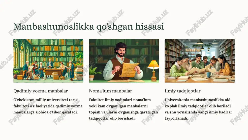 rganishga hissa qo'shishdi va jahon tarixiga oid ilmiy jamoatchilikning e'tiborini o'ziga tortdi. 7 o'zbekiston tarixini yorituvchi yangi manbalarga e'tibor o'zbekiston milliy universiteti tarix fakulteti o'zbekiston tarixini yorituvchi yangi manbalarni topish va o'rganishga katta e'tibor beradi. bu manbalar orasida arxiv hujjatlari, yozma manbalar, arxeologik topilmalar va og'zaki an'analar mavjud. fakultet tarixchilarining tadqiqotlari yangi manbalarni aniqlash, ularni tahlil qilish va ularning o'zbekiston tarixini tushunishga qanday hissa qo'shishi mumkinligini ko'rsatishga qaratilgan. 8 tarixiy voqealar va shaxslarni o'rganishdagi yangicha yondashuv manbashunoslik bilan integratsiyalashgan yondashuv o'zbekiston milliy universiteti tarixchilariga tarixiy voqealar va shaxslarni chuqur tushunish uchun keng qamrovli manbalarni o'rganish imkonini beradi. multidissiplinar tadqiqotlar tarixchilar turli fanlar, jumladan arxeologiya, antropologiya, lingvistika va ijtimoiy fanlar bilan hamkorlik qilib, tarixiy voqealar va shaxslarni yanada kengroq ko'rib chiqishadi. zamonaviy tadqiqot usullarini qo'llash zamonaviy texnologiyalar, shu jumladan raqamli arxivlar va ma'lumotlar bazalari yordamida tarixiy ma'lumotlarni tahlil qilish va taqdim etish imkoniyatlari kengayadi. tanqidiy fikrlash va tahlil tarixiy manbalarni tanqidiy …