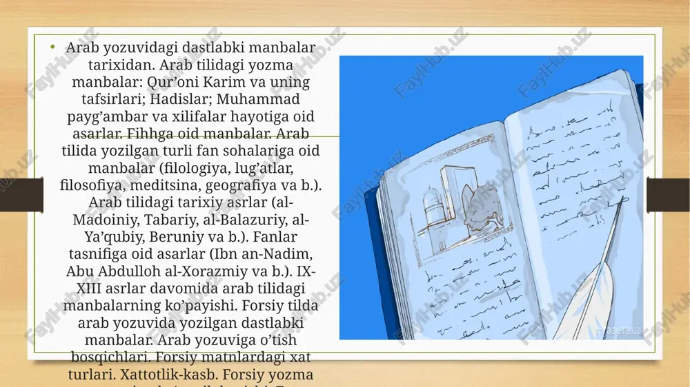 «risola», al-mas’udiy «muruj az-zahab», utbiy «tarixi yaminiy», abu abdulloh al-xorazmiy «mafotih al-ulum», abu rayhon beruniy «osor al-boqiya», mahmud koshqariy «devonu lug’at at-turk», sam’oniy «kitob al-ansob», ibn al-asir «al-komil fi-t-tarix», o’g’ut qamaviy «mu’jam al-buldon», muhammad nasaviy «sirat as-sulton jaloliddin», jamol qarshi «mulhaqat as-surog’». o’rta osiyo ix-xv asrlar tarixiga oid forsiy yozma manbalar: narshaxiy «buxoro tarixi», «hudud ul-olam», nizomulmulk «siyosatnoma», nizomi aruzi samarqandiy «chor maqola», gardiziy «zayn ul-axbor», abulfazl bayhaqiy «tarixi mas’udiy», avfiy «javomi’ al-hikoyot», juvayniy «tarixi jahongushoy», rashidaddin «jome’ at-tavorix», hamdalloh /azviniy «tarixi guzida». temuriylar saltanati tarixiga oid forsiy tarixiy yozma manbalar: nizomiddiy shomiy «zafarnoma», muiniddin natanziy «muntaxab at-tavorix», sharafiddin ali yazdiy «zafarnoma», abdurazzoq samarqandiy «matla as-sa’dayn», mirxond «ravzat as-safo». o’rta osiyoning xvi-xix asrlar tarixiga oid yozma manbalar o’rta osiyoning xvi-xix asrlar tarixiga oid fors-tojik tilidagi yozma manbalar: mulla shodiy «fathnoma», fazlulloh ibn ruzbexon «mehmonnomai buxoro», xondamir «habib as-siyar», zayniddin vosifiy «badoe’ ul-vaqoe’», mirzo muhammad haydar «tarixi rashidiy», hofiz tanish buxoriy …