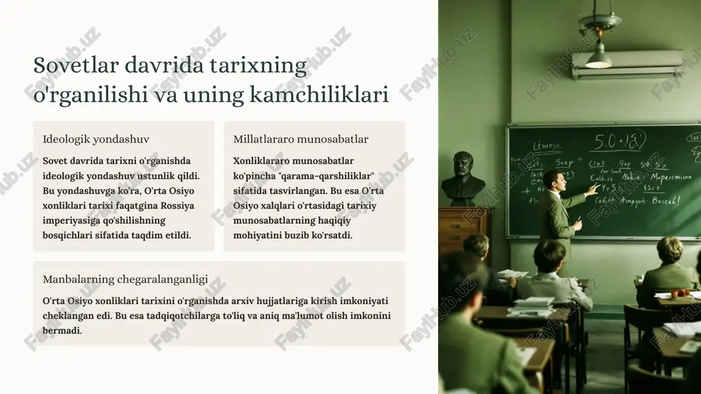 t qo'qon xonligining madaniy merosi, xususan, me'morchilik, adabiyot, san'at va musiqa sohalarida olib borilgan tadqiqotlarni kengaytirish lozim. jamiyat qo'qon xonligida ijtimoiy hayot, aholi tarkibi, qatlamlararo munosabatlar, ta'lim tizimi, turmush tarzining o'ziga xos xususiyatlarini batafsil tahlil qilish muhim. 7 buxoro xonligining o'rganilishi va dolzarb muammolari tarixiy manbalar buxoro xonligi tarixini o'rganishda asosiy manbalar orasida fors, arab, turkiy tillarda yozilgan yilnomalar, tarixiy asarlar va xat yozishmalar mavjud. ammo, bu manbalarni to'liq o'rganish va tahlil qilish uchun ilmiy-tadqiqot ishlari davom ettirilishi kerak. geografik o'rganish buxoro xonligi hududining geografik xususiyatlari, shahar va qishloqlarning joylashuvi, savdo yo'llari va boshqa geografik ma'lumotlar xonlikning iqtisodiy va siyosiy hayotida muhim rol o'ynagan. ushbu sohalarni chuqur o'rganish xonlikning rivojlanishini to'liqroq tasavvur qilishga yordam beradi. ijtimoiy hayot buxoro xonligi aholisining ijtimoiy tuzilishi, diniy e'tiqodlari, urf-odatlari va madaniyati xonlikning barqarorligini va rivojlanishini ta'minlashda katta ahamiyatga ega edi. bu sohalarni o'rganish xonlikning madaniy merosi va uning zamonaviy jamiyatga ta'sirini tushunishga yordam beradi. …