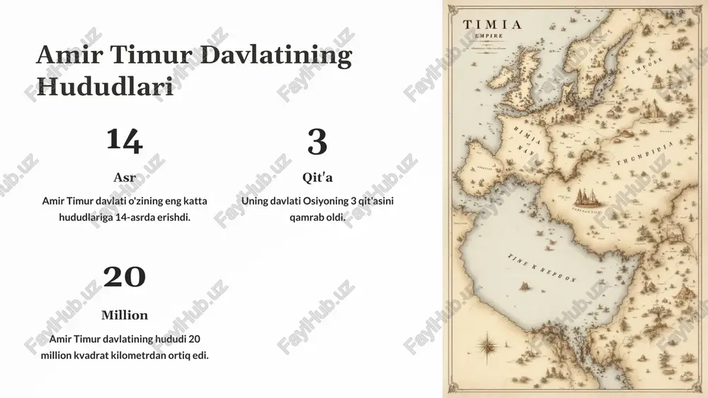 . mustaqillik yillarida amir timur va temuriylar tarixini o‘rganishda tarixiy manbalarni kengroq va chuqurroq o‘rganishga e’tibor qaratildi. arxeologik qazishmalar olib borildi, arxeologik topilmalarni o‘rganish va tahlil qilish ishlari amalga oshirildi. bu esa tarixni yanada aniqroq va ob’ektiv tarzda o‘rganish imkonini berdi. 6 temuriylar merosining o'rganilishi va uni targ'ib qilish mustaqillik yillarida temuriylar davri merosi, uning boy tarixi va madaniyati chuqur o'rganildi va targ'ib qilindi. bu borada keng ko'lamli ilmiy tadqiqotlar olib borildi, arxiv hujjatlari o'rganildi, tarixiy manbalar tahlil qilindi va shu asosda bir qator qimmatli ilmiy ishlar chop etildi. temuriylar davri madaniy va me'moriy yodgorliklari, tarixiy shaharlar va qal'alarni tiklash va ularning xalqaro turizmda o'rnini mustahkamlash uchun keng ko'lamli ishlar amalga oshirildi. xalqaro hamkorliklar rivojlantirildi va shu asosda temuriylar davri merosini jahon miqyosida targ'ib qilish uchun ko'plab tadbirlar o'tkazildi. 7 xalqaro miqyosda temuriylar tarixining tadqiq etilishi 1 ilmiy hamkorlik temuriylar davri tarixini o'rganishda xalqaro hamkorlikning ahamiyati juda katta. o'zbekiston olimlari …