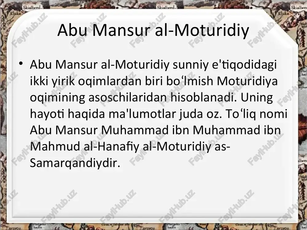 an al-moturidiyning ovchilikka oid asari bunga dalil bo‘ladi. bu asarning bir qo‘lyozma nusxasi «risola jonvor doriy» («jonvorlarga oid risola») deb nomlangan bo‘lib, unda ovchi qushlarni boqish haqida fikr yuritiladi. bu asarda ovchi burgutlarning har xil zotlari, ularning tashqi ko‘rinishlari, oziqlantirish, ovga yaroqliligi bilan bir qatorda ko‘paytirish, izi va chatishtirish usullari kabi masalalar haqida gap boradi. al-moturidiy o‘z davrining islomiy ilmlari sohasida eng yetuk bilim sohibi hisoblanib, musulmon dunyosi olimlari tomonidan tan olingan va hozirda ham turli diniy asarlarda zo‘r ehtirom bilan tilga olinadi. al-moturidiyni ulug‘lab «imom al-xuda» va «imom al-mutakallimin» (hidoyat yo‘li imomi va mutakallimlar imomi) kabi nomlar bilan ham ataganlar. movarounnahr - markaziy osiyo xalqlari turli falsafiy, tabiiy, aniq fanlar, adabiyot, san'at sohalarida dunyoga mashhur siymolar, allomalar bilan birga islom nazariyasi, diniy ilmlar bo‘yicha al-moturidiydek butun musulmon olamida nom qozongan olimlarni ham yetishtirib chiqardilar. o‘zbekiston respublikasi vazirlar mahkamasining 1999 yil 3 dekabrda qabul qilgan qaroriga binoan 2000 yilda allomaning …